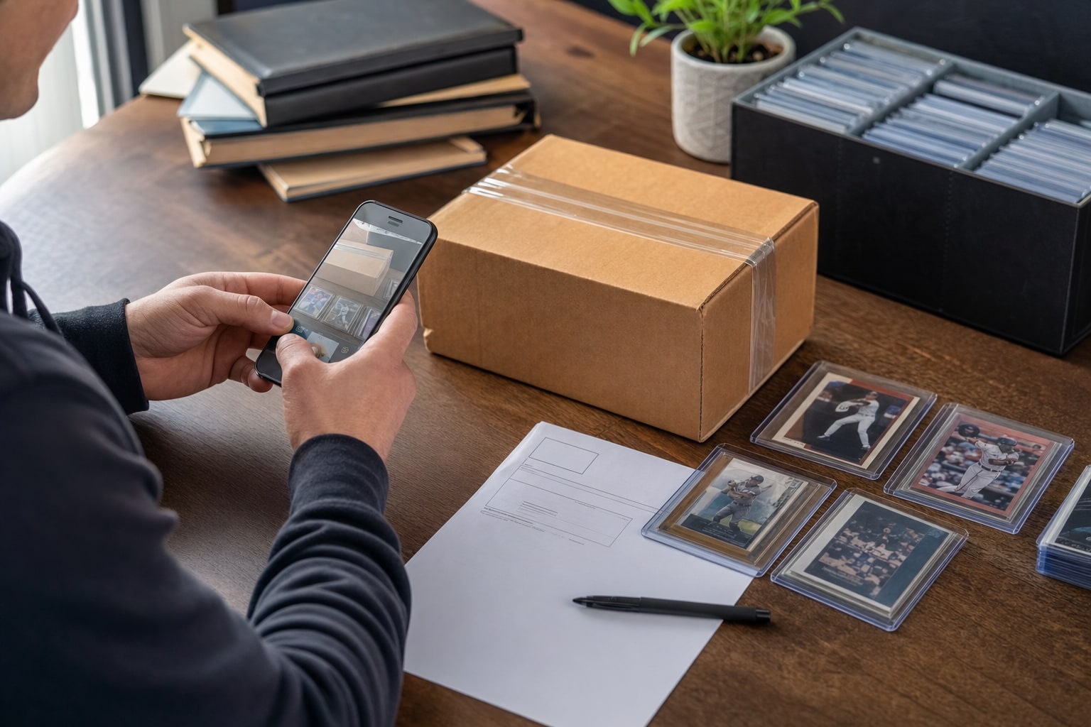Collector photographing a sealed card shipment beside protected cards and a storage case