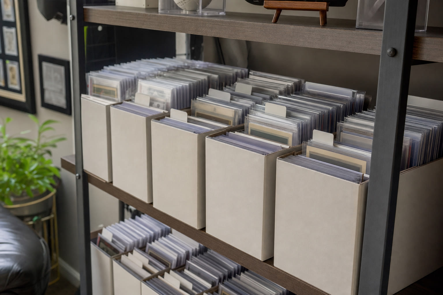 Sports cards in archival boxes stored upright on an indoor shelf