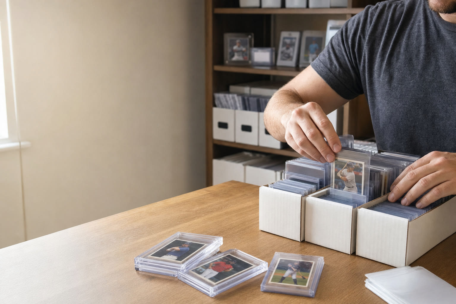 Collector filing protected sports cards into archival storage boxes at a desk