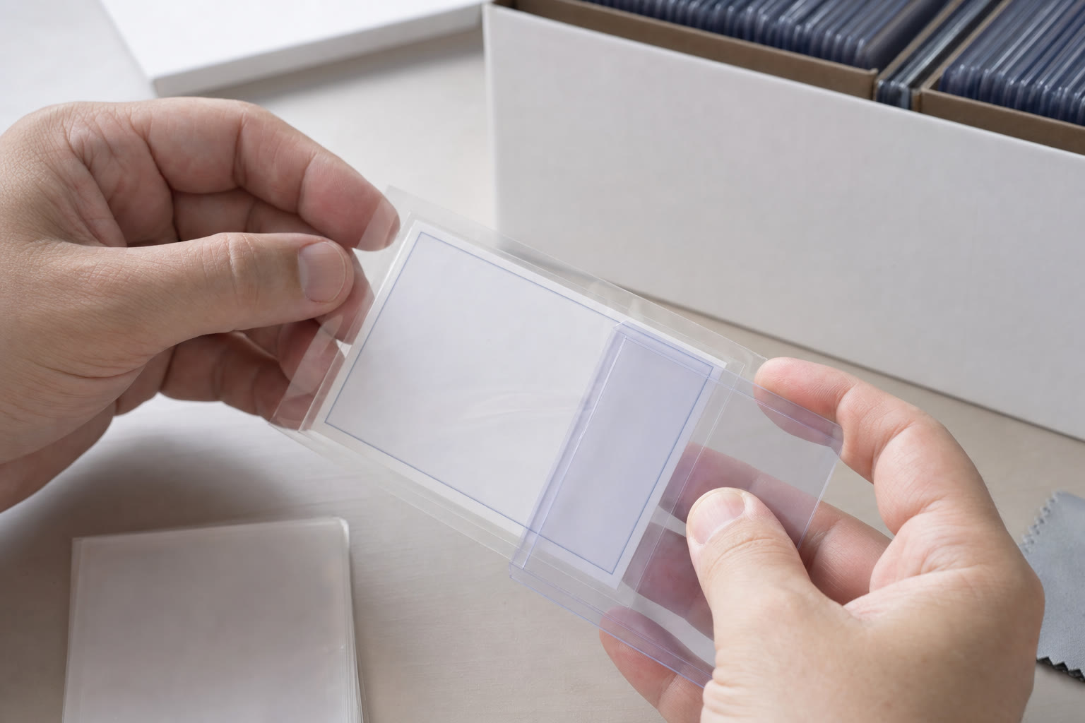 Collector placing a sports card in a soft sleeve and rigid holder