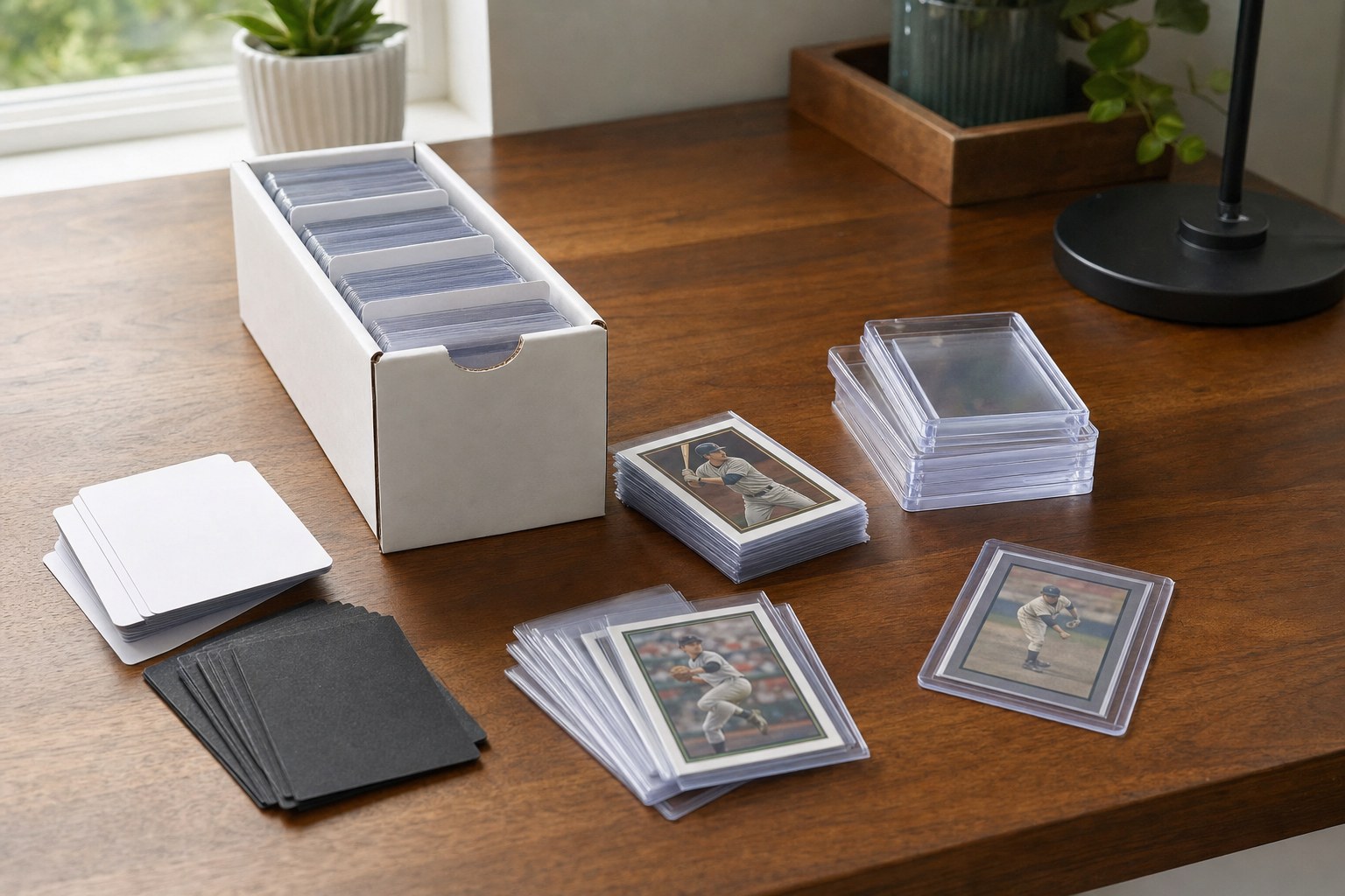 Sports cards, clear holders, divider cards, and a storage box arranged on a collector’s desk