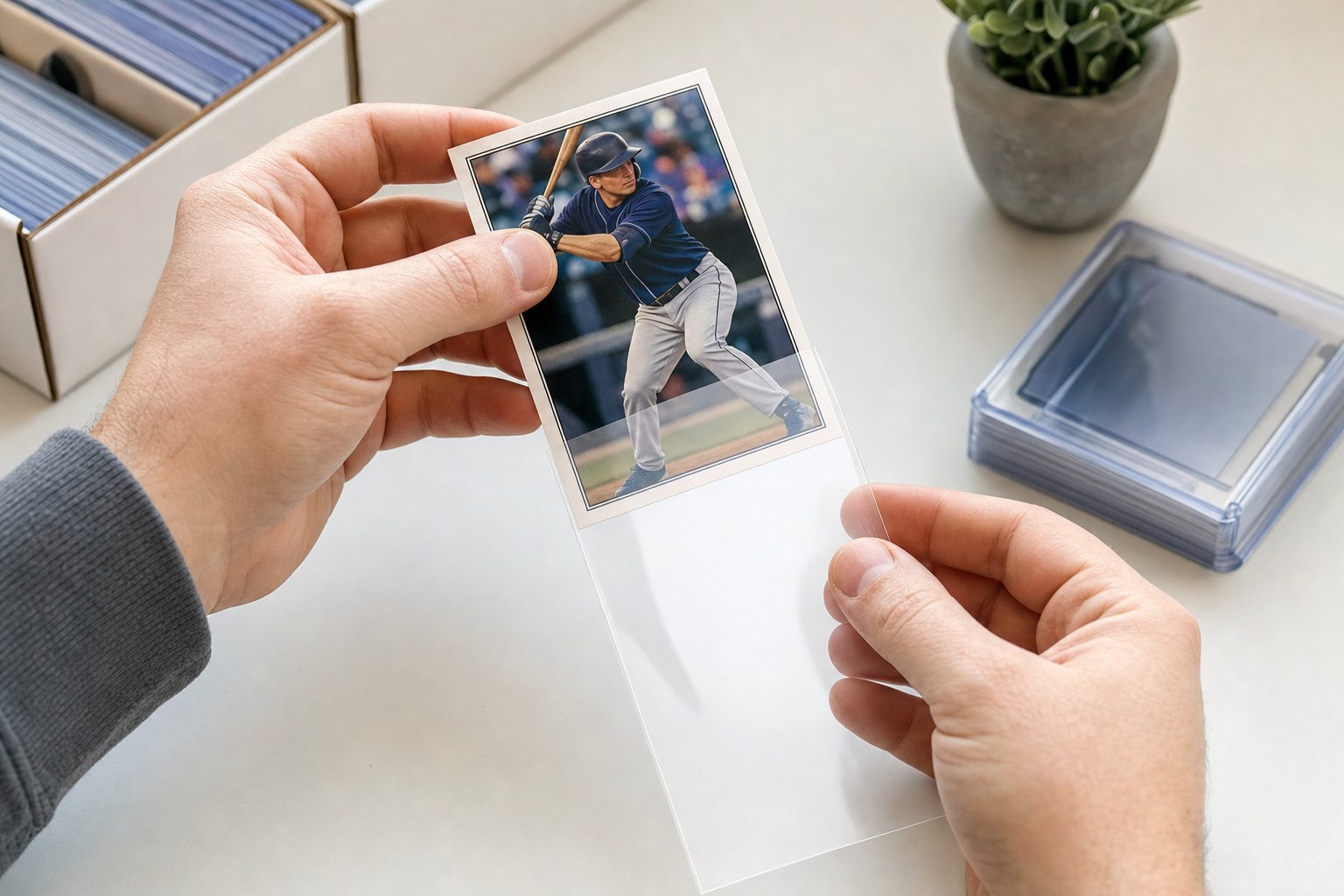 Collector placing an unbranded sports card into a clear soft sleeve