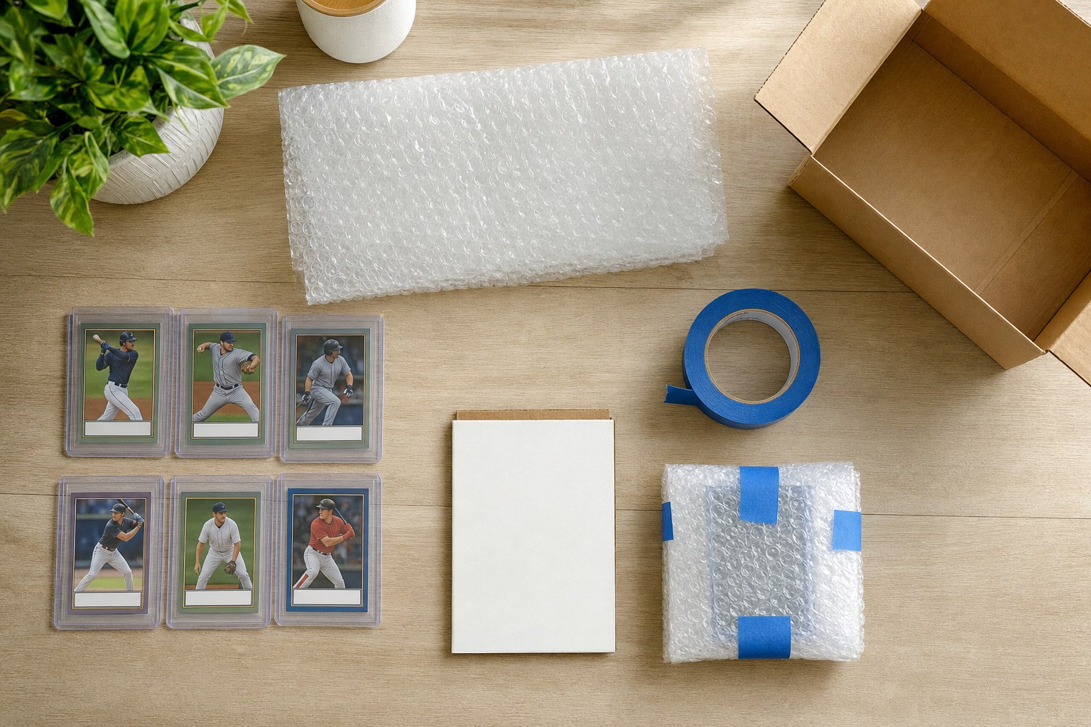 Protected sports cards, painter’s tape, bubble wrap, mailer, and shipping box arranged for packing