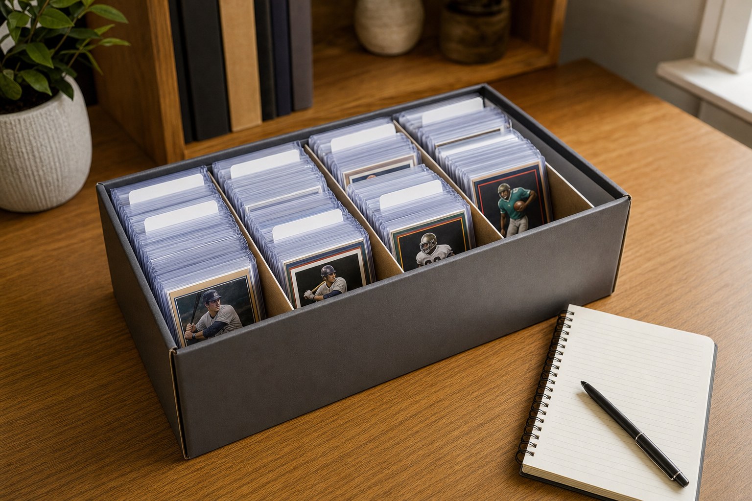 Protected sports cards organized upright in a divided storage box beside a notebook