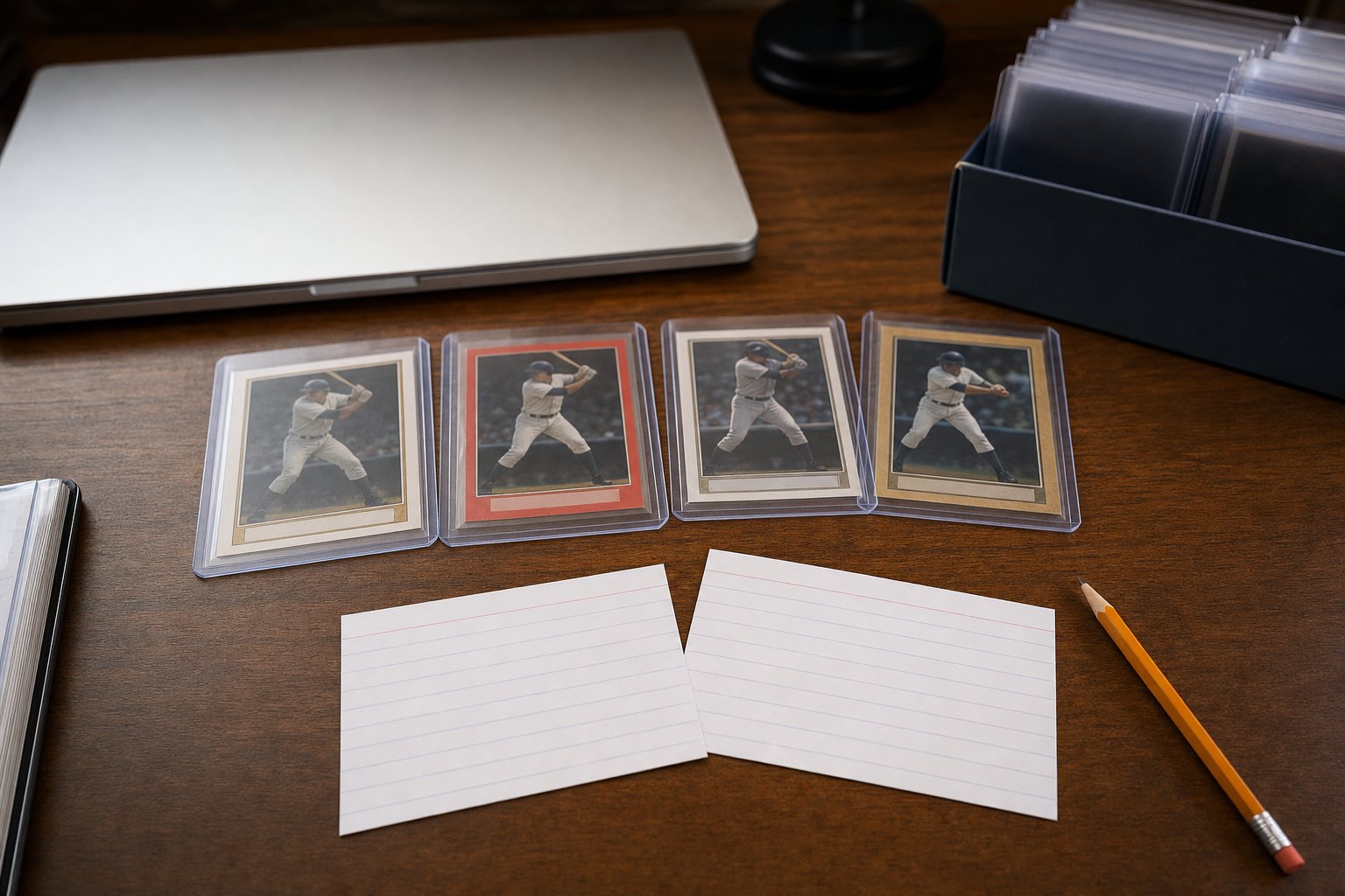 Protected generic baseball cards arranged for a careful market comparison