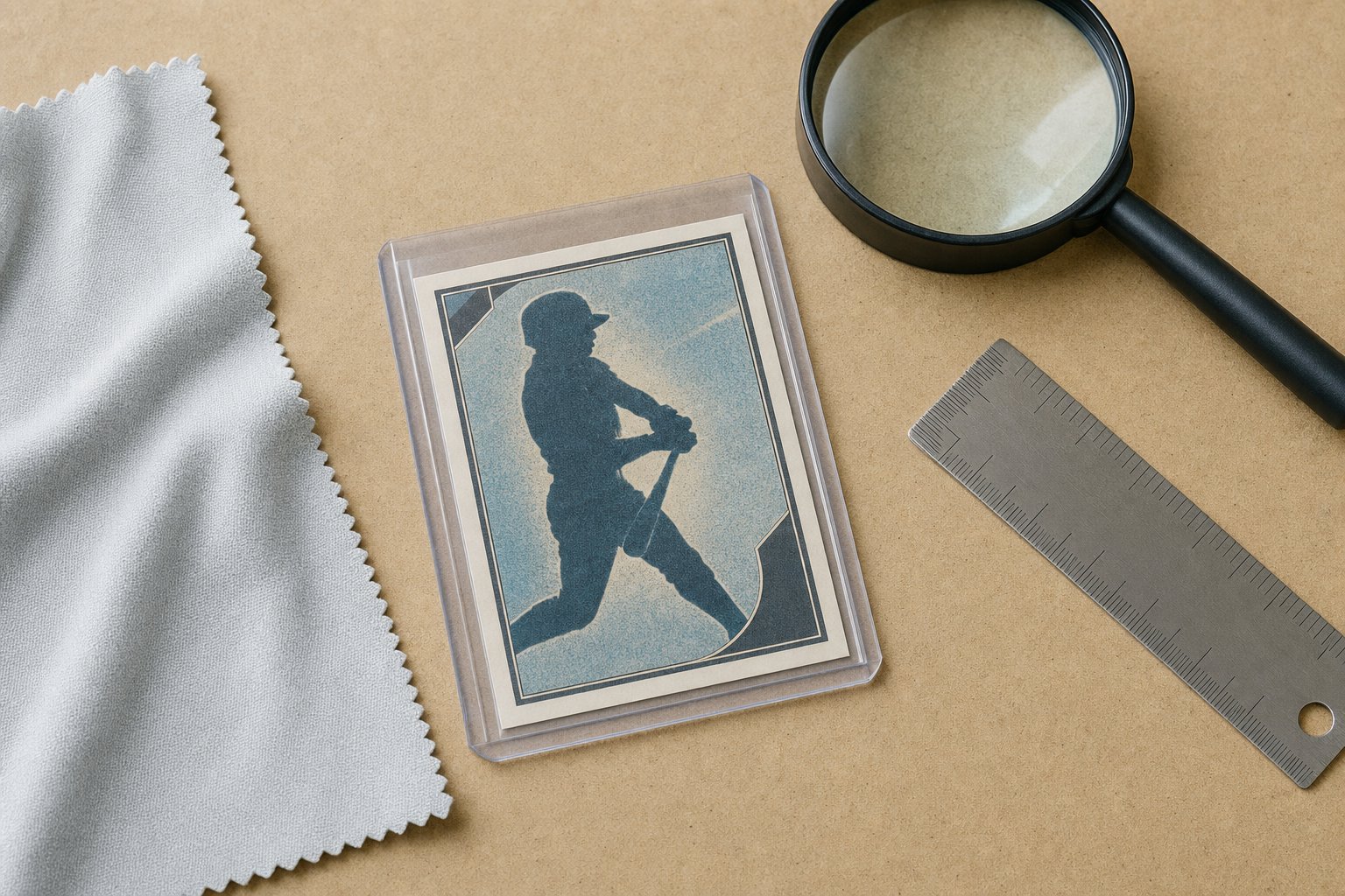 Generic sports card in a clear holder beside a magnifier, cloth, and ruler