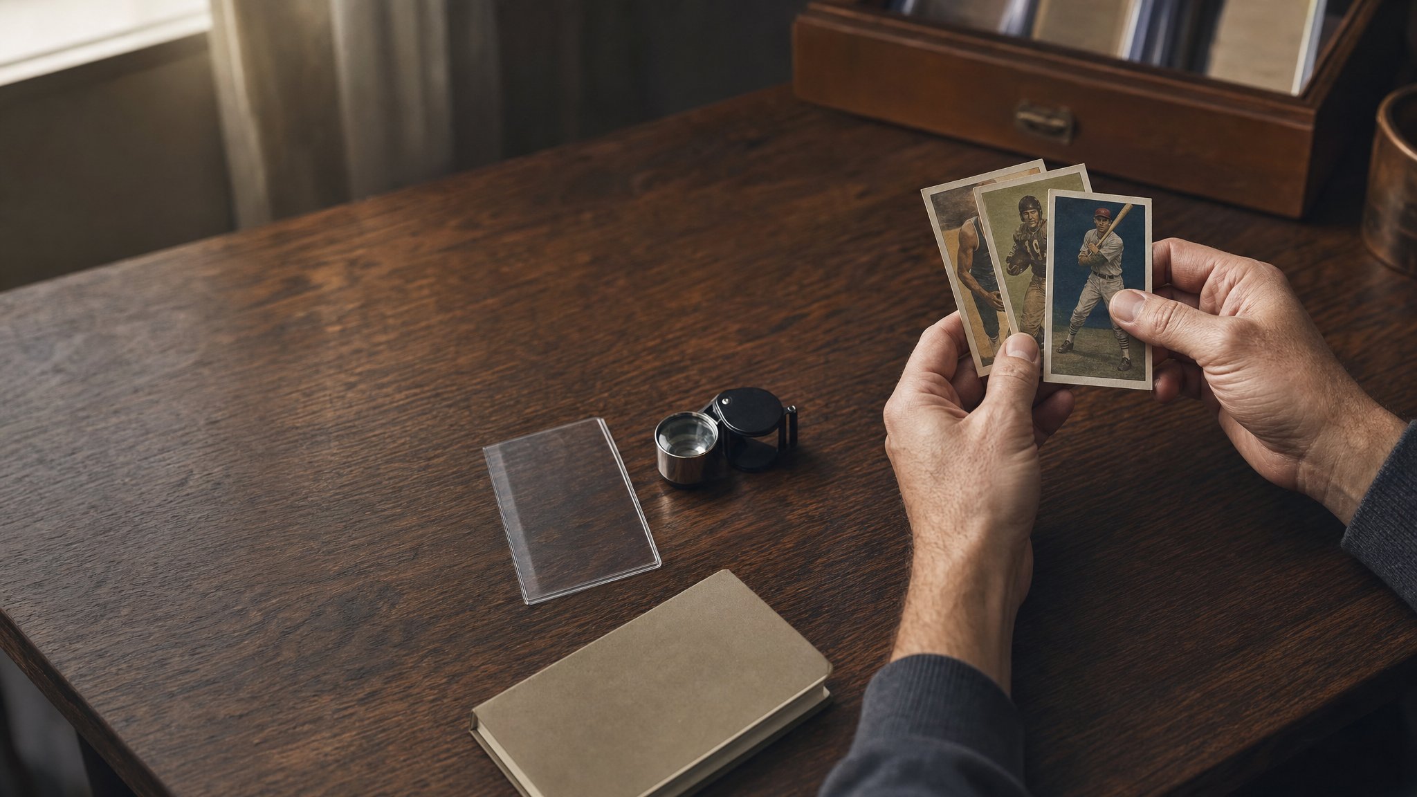 Collector comparing vintage-style sports cards beside a loupe at a wooden desk