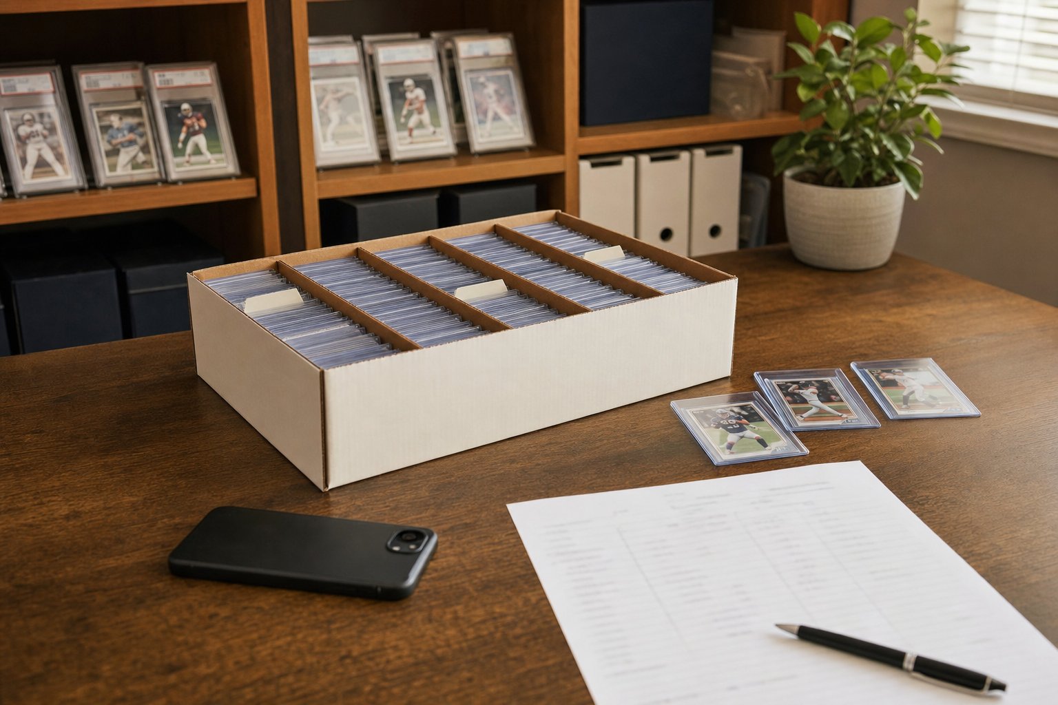 Organized card storage box with protected sports cards and a blurred inventory sheet