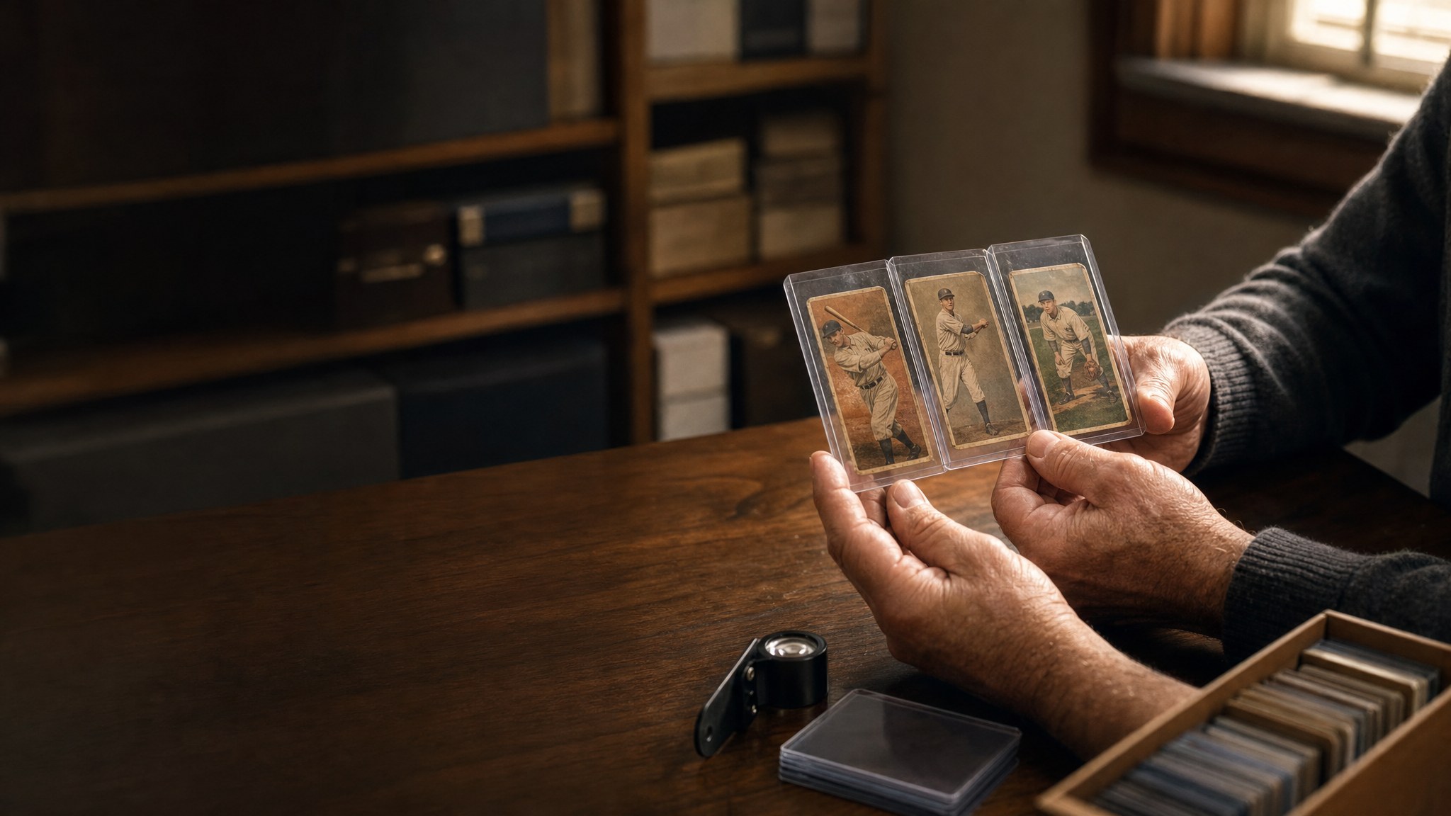 Collector holding three protected vintage baseball cards at a walnut desk