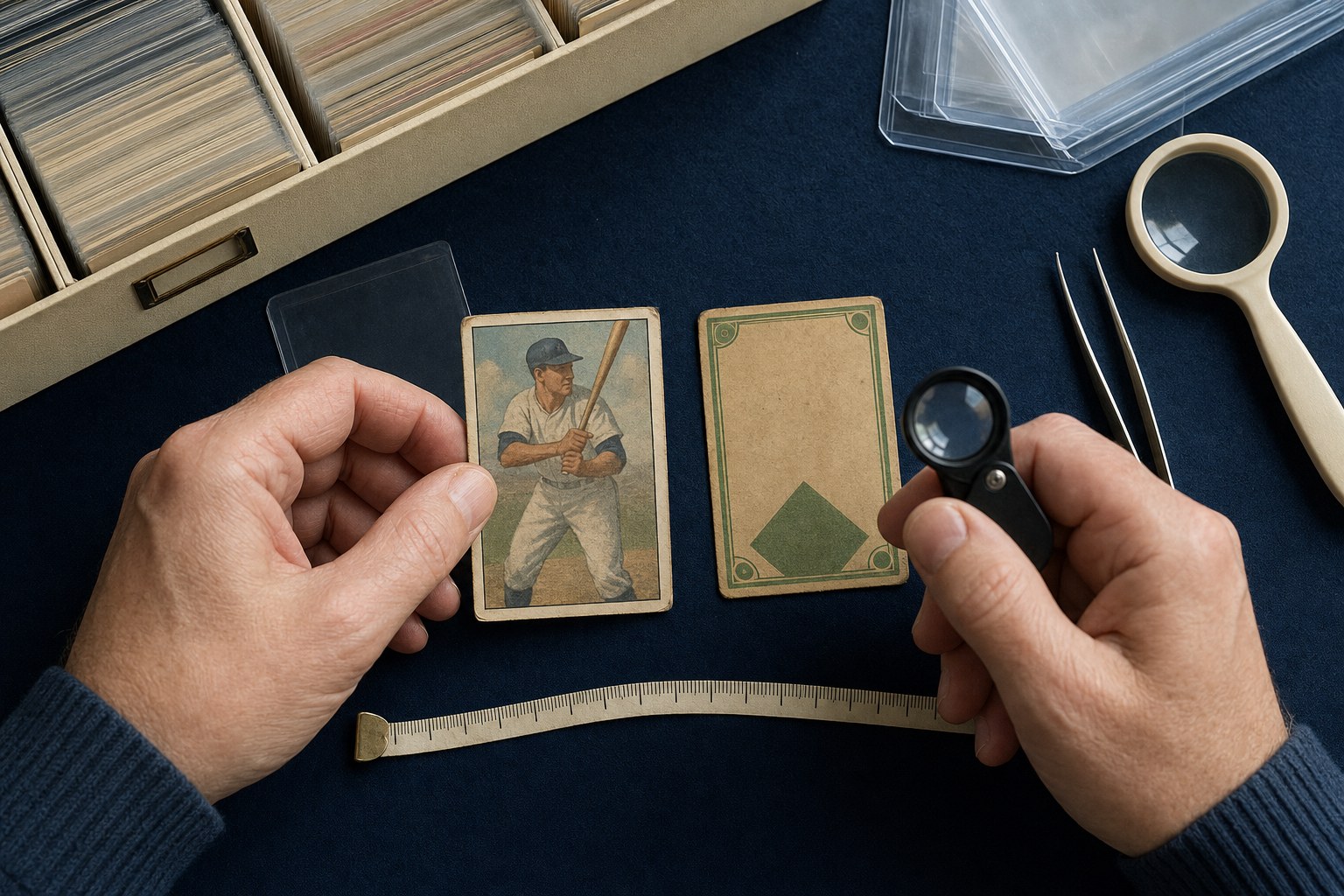Collector comparing the front and back of unbranded vintage baseball cards with a loupe