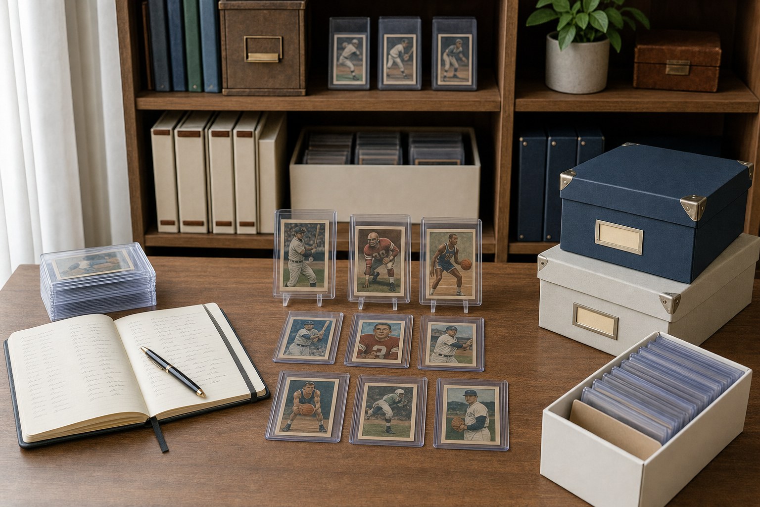Organized vintage sports cards, archival boxes, and an inventory notebook on a collector’s desk