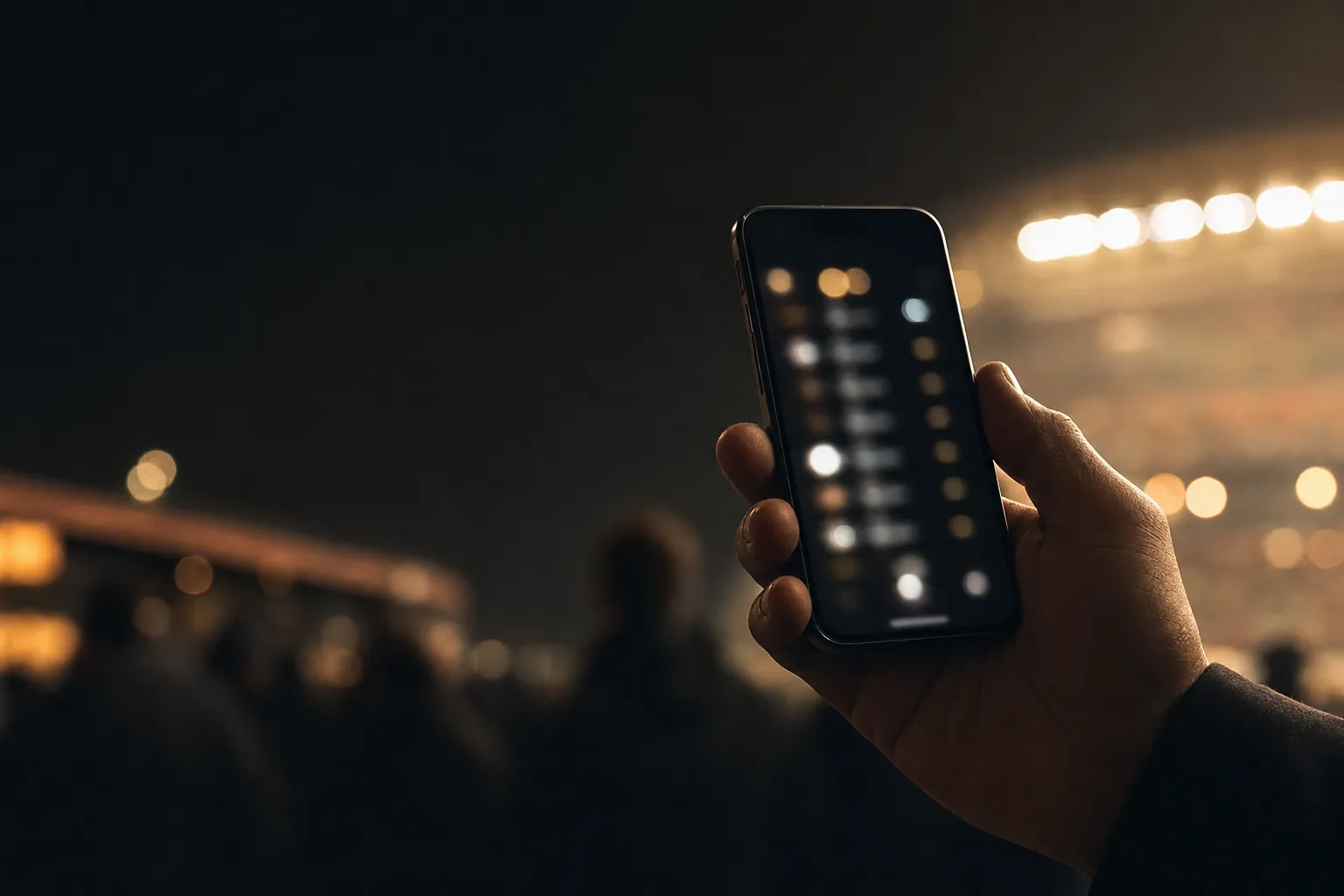 A phone held in a dim arena concourse