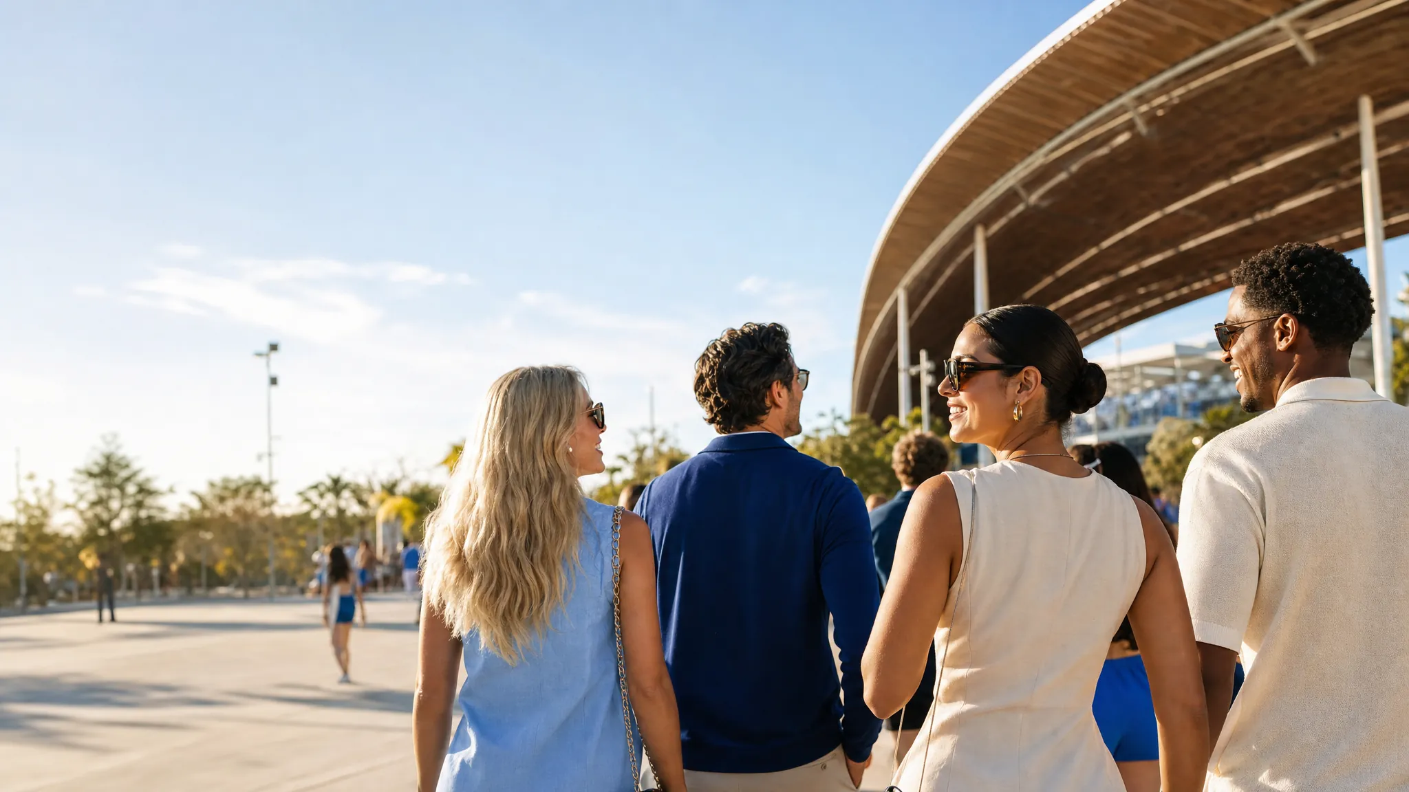 Friends arriving together at a live sports event