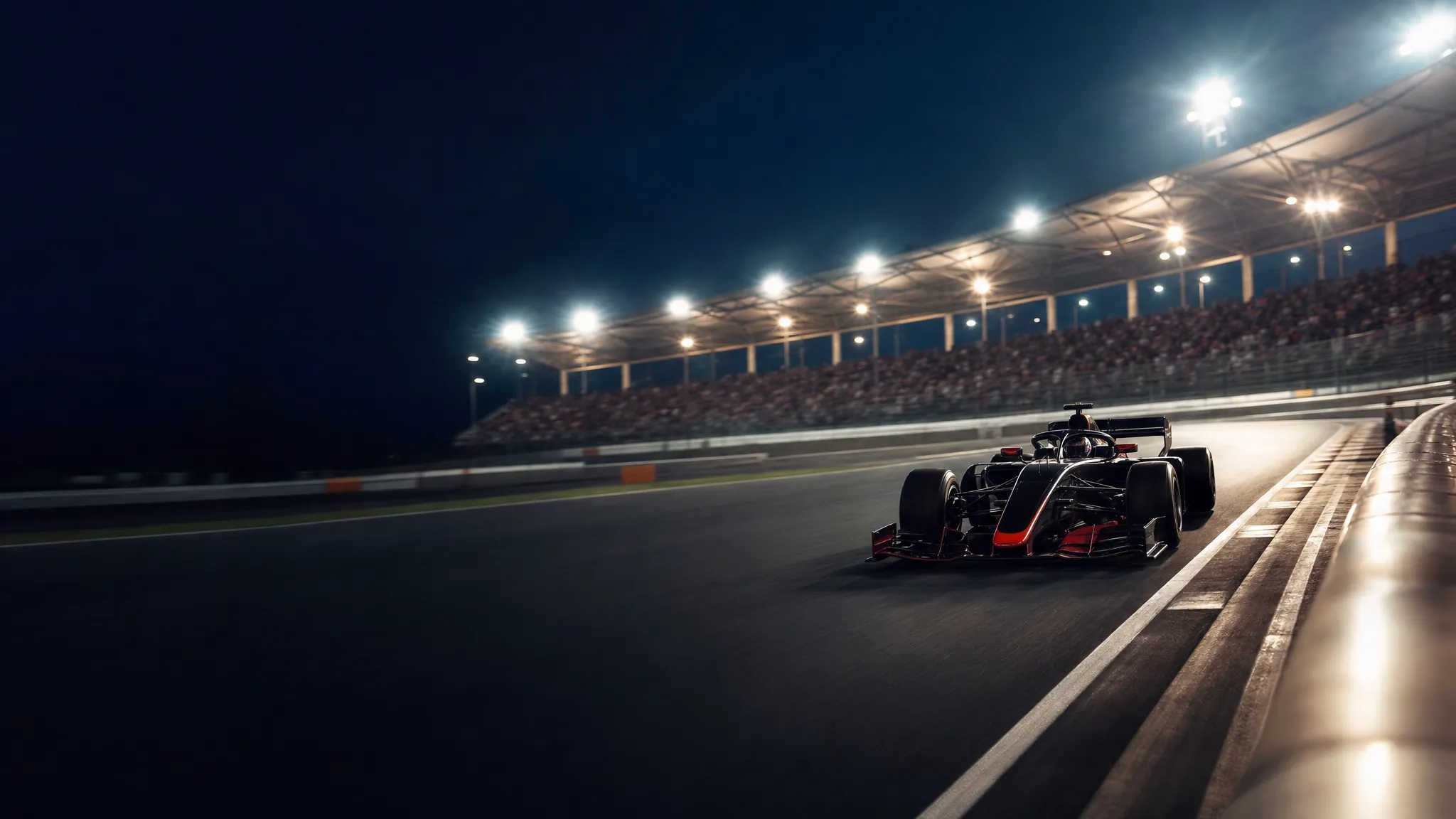 An unbranded open-wheel race car under circuit lights at night