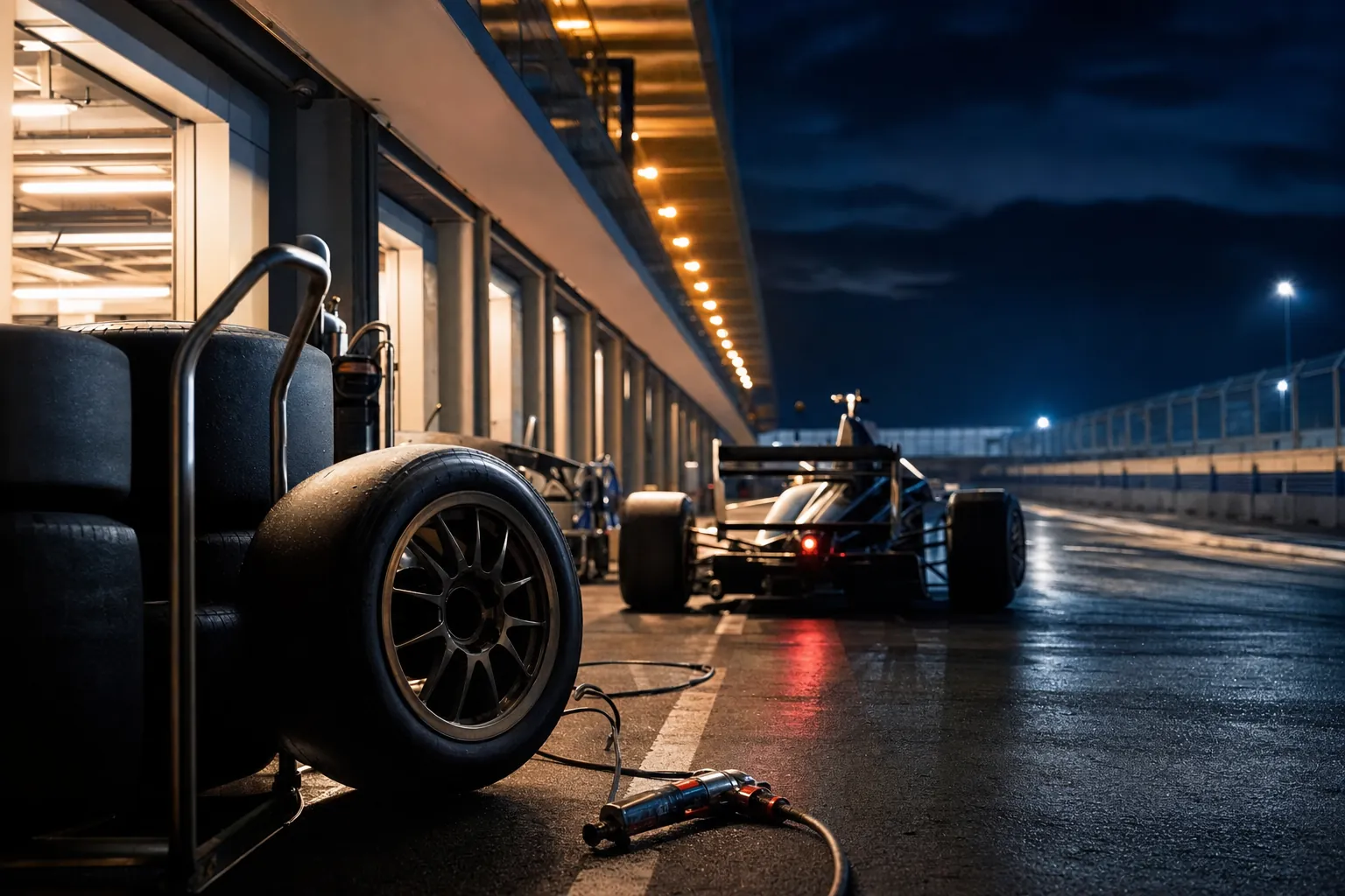 An unbranded open-wheel car waiting in a pit lane at night