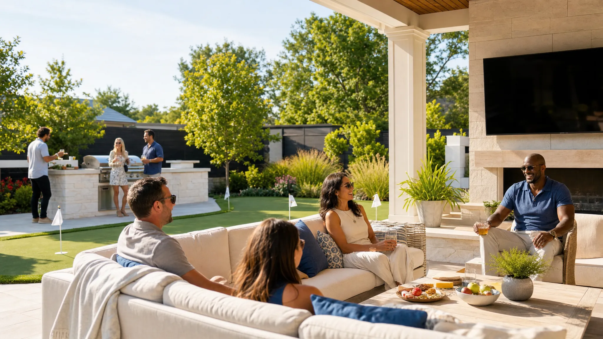 Friends enjoying a backyard entertainment space