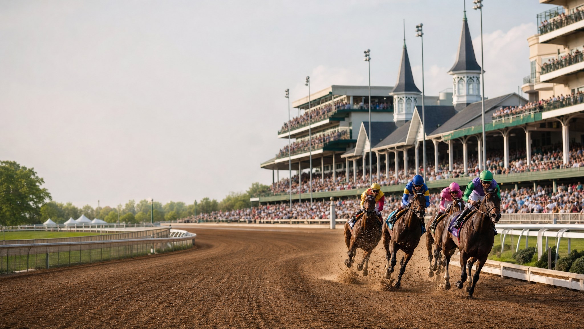 Thoroughbred horses rounding a racetrack bend in front of a full grandstand