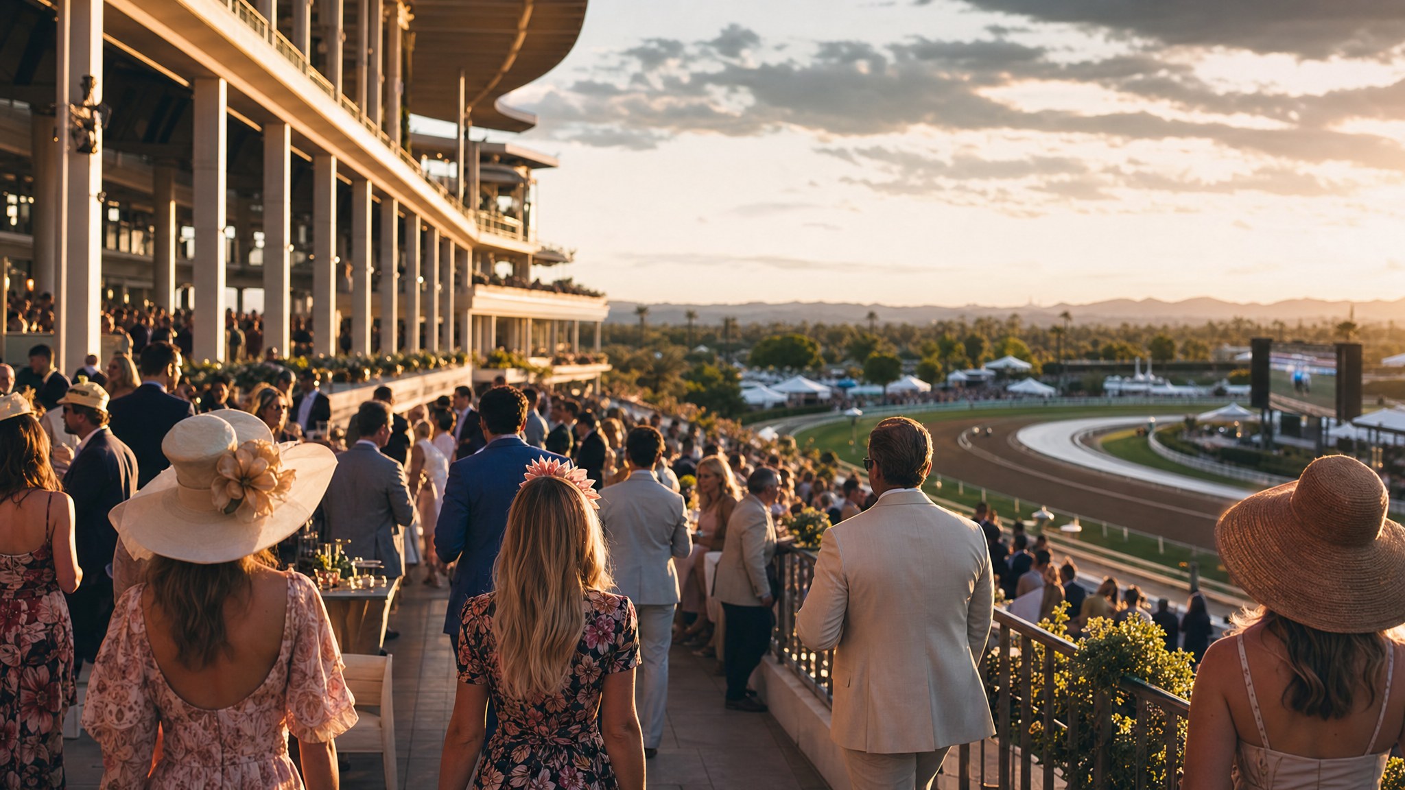 Fans gathered on a racetrack terrace at golden hour
