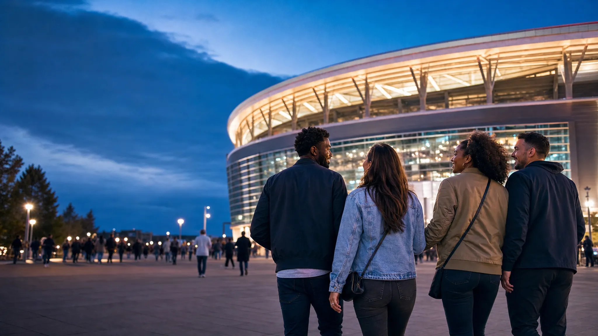 Four friends arriving at a brightly lit stadium for a major live sports event