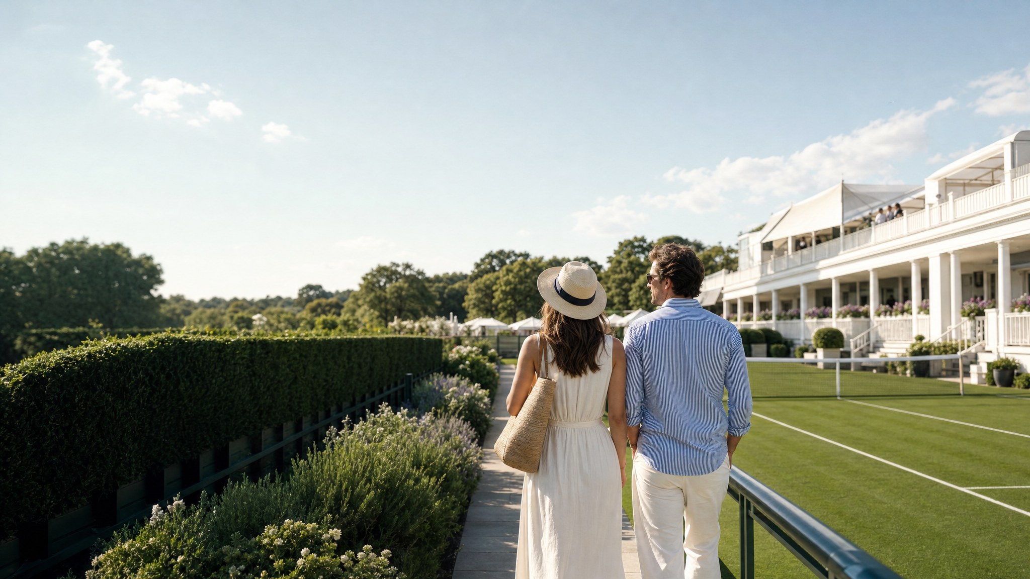 Two guests walking beside a grass tennis court on a sunny day
