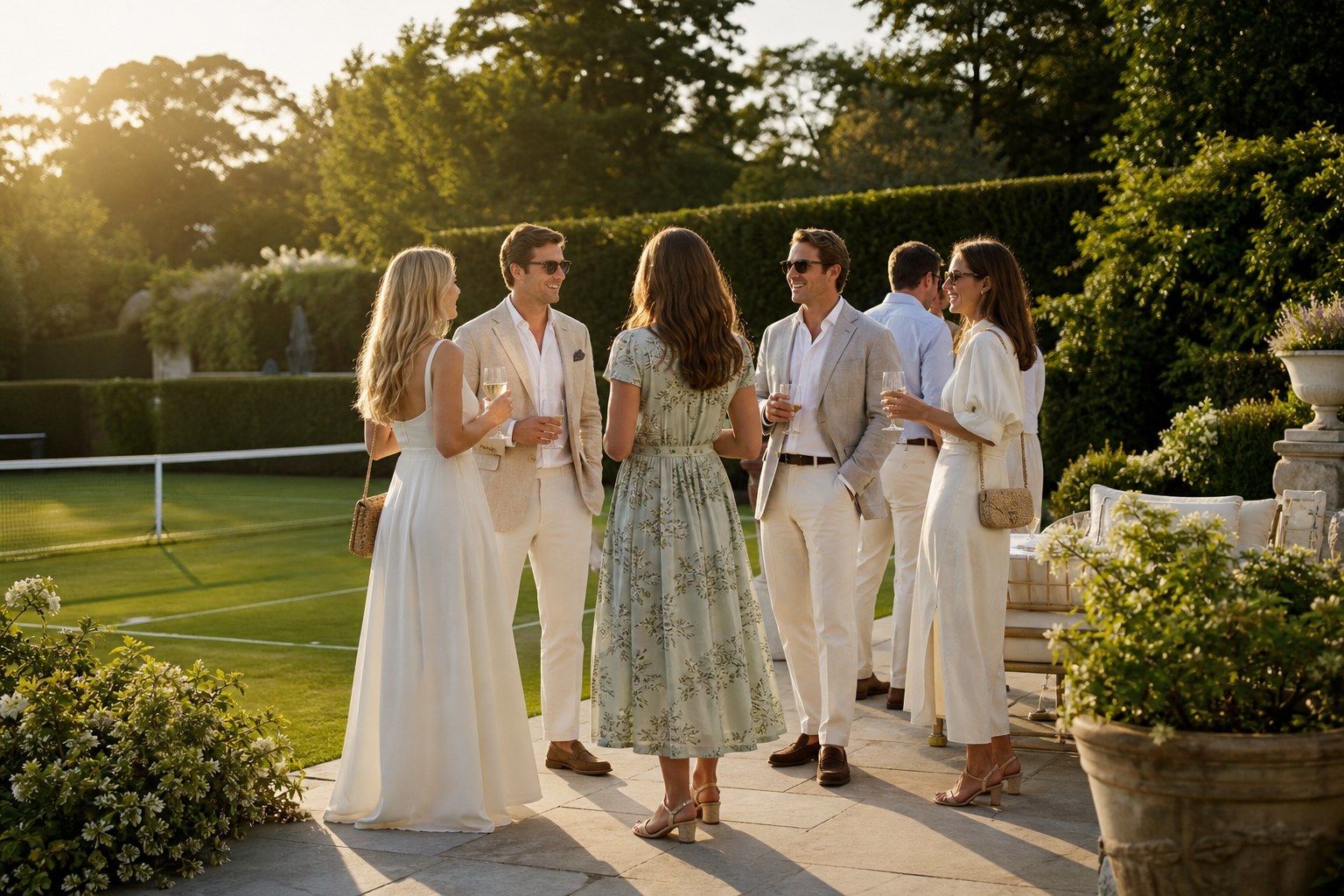 Friends enjoying a summer gathering beside a grass tennis court