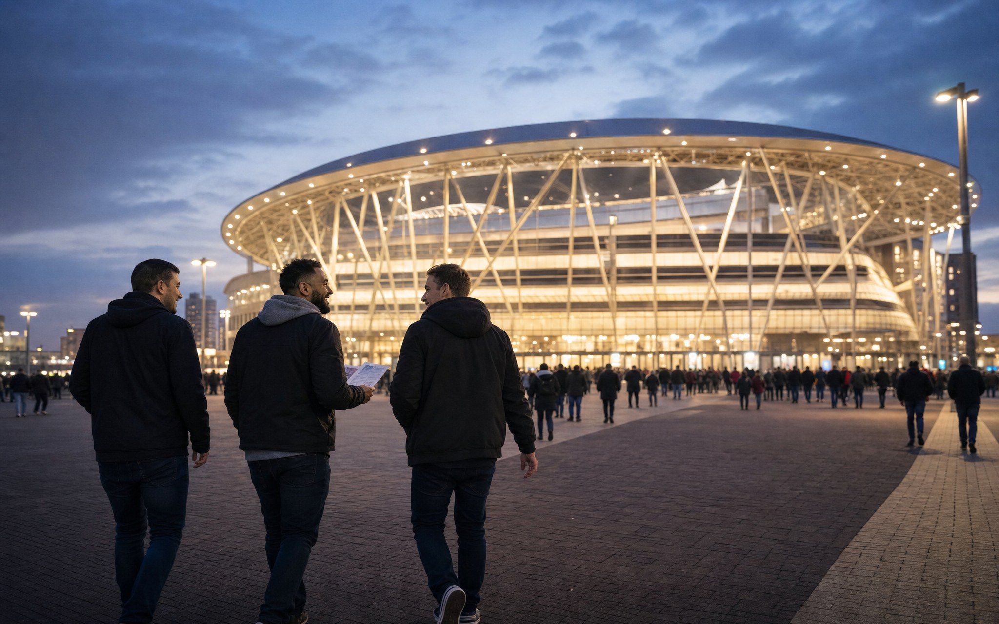 Three friends arriving at a brightly lit stadium before a major live event