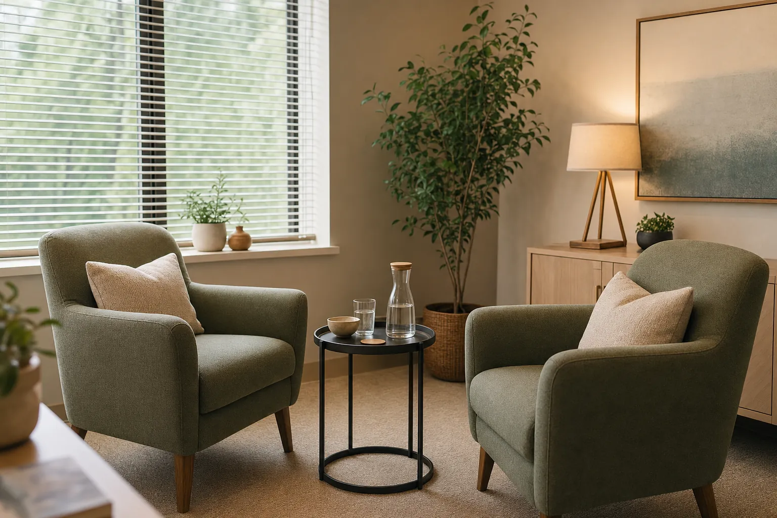 Two welcoming armchairs in a calm consultation room