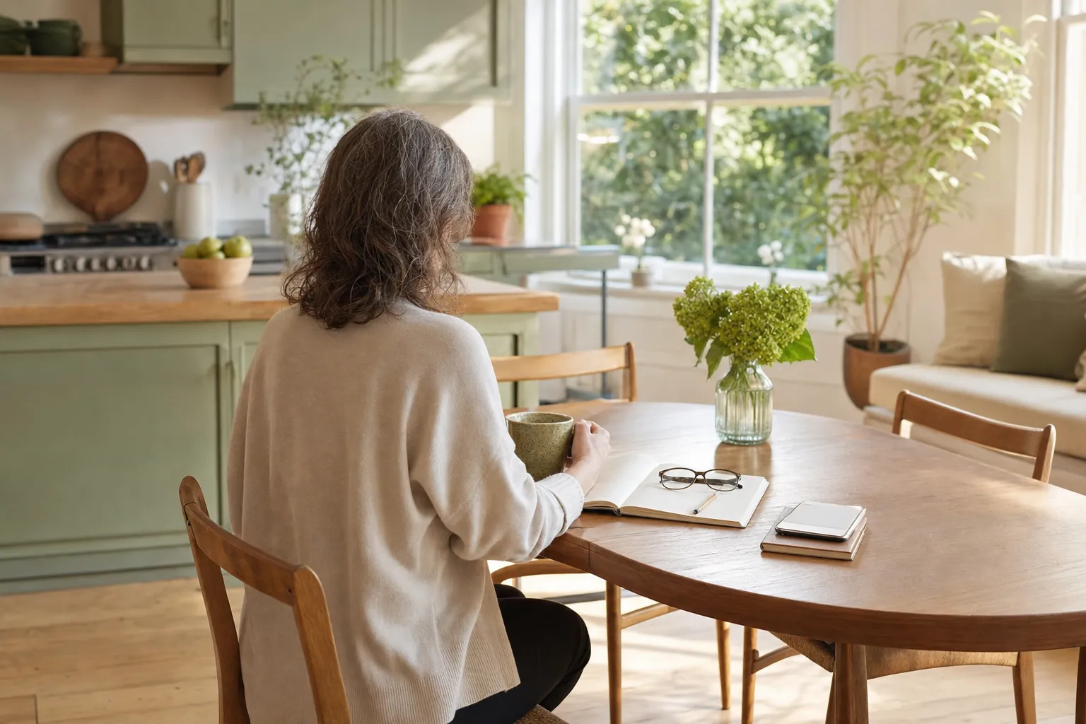 Woman pausing with a notebook and tea at a sunlit kitchen table