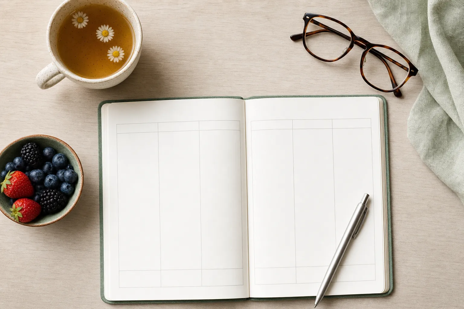 Blank weekly planner with tea, berries, glasses, and a pen on a light tabletop