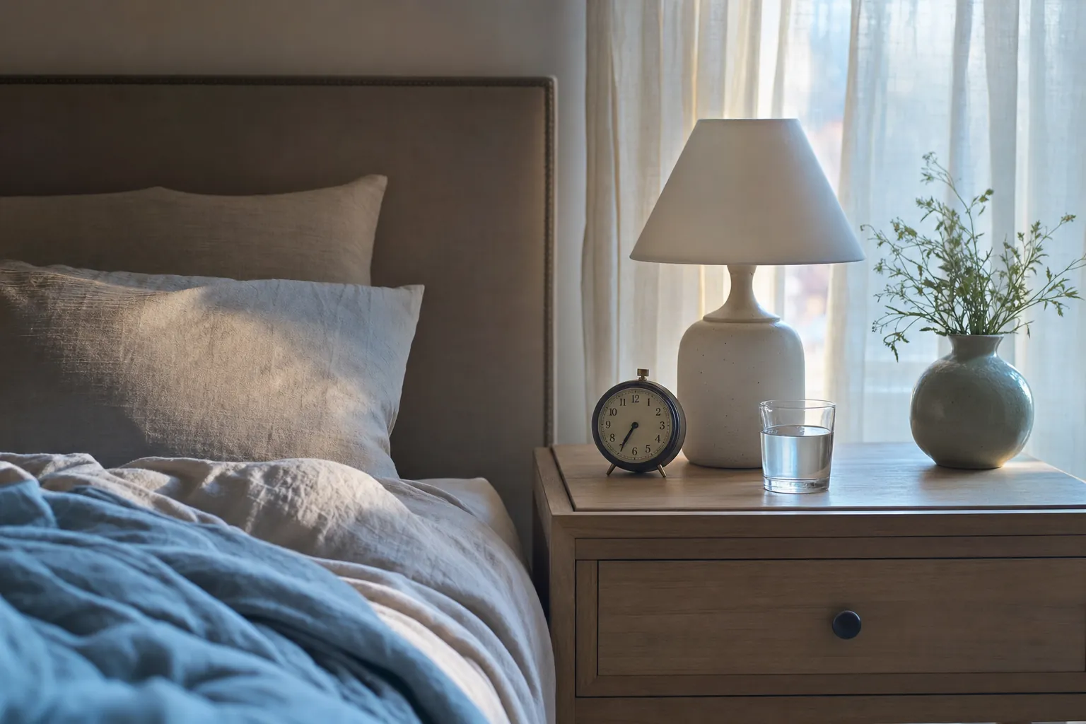 A quiet bedroom with an analog clock, water, and early morning light