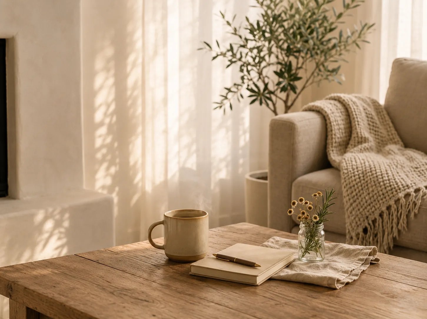 A calm space with a journal and tea