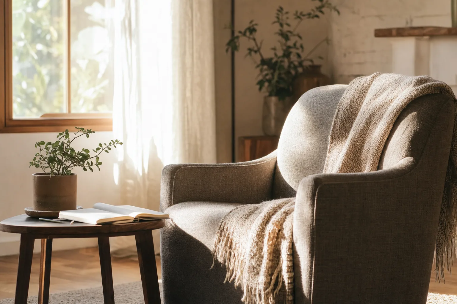 A quiet sunlit room with a comfortable chair and journal
