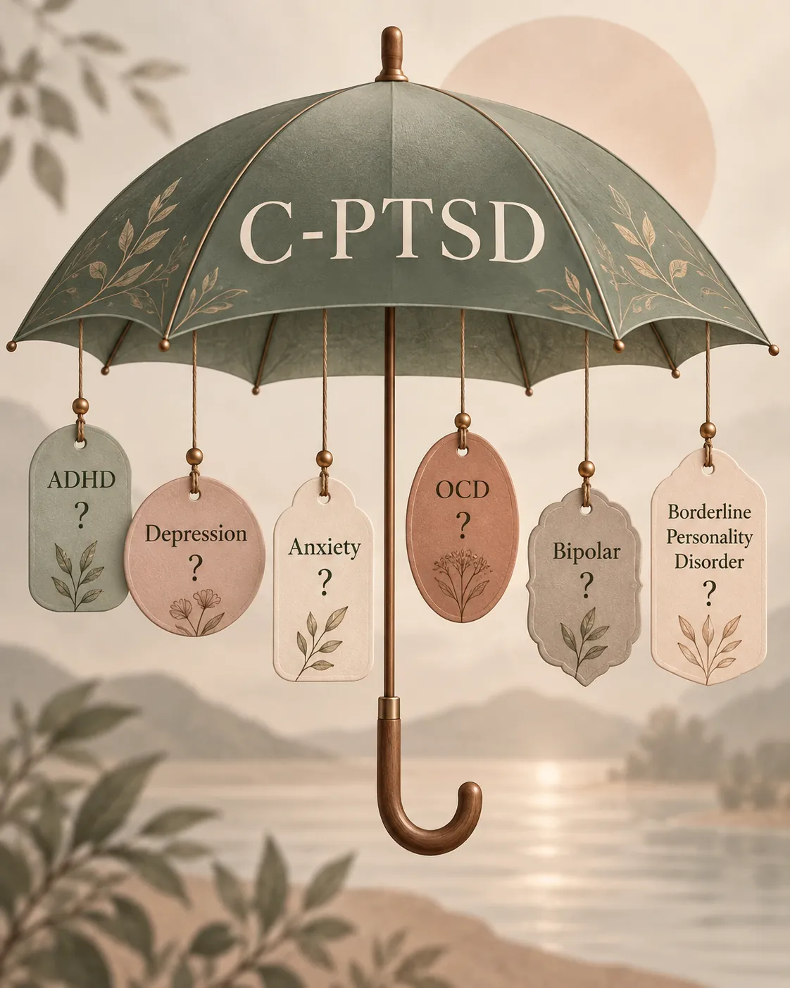 An umbrella illustration showing complex PTSD alongside other mental health conditions