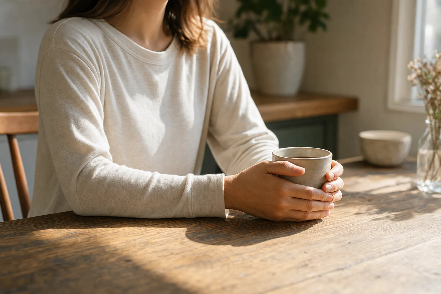 Hands around a ceramic mug in a sunlit kitchen