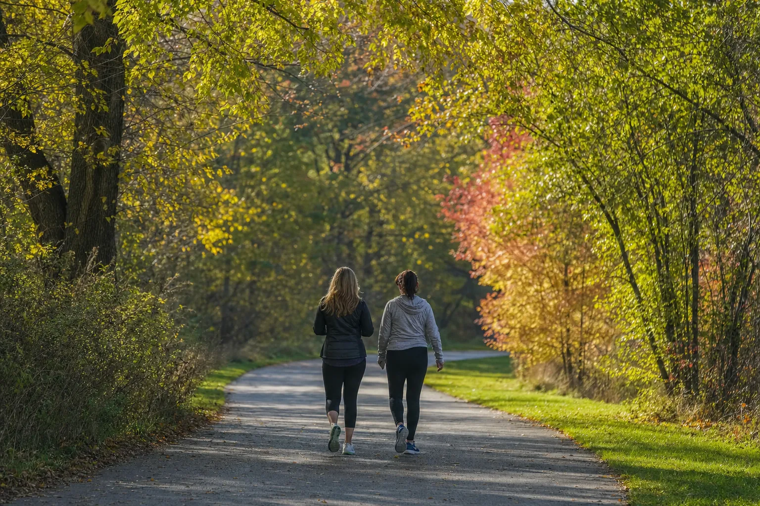 Two friends walking together on a quiet tree-lined path