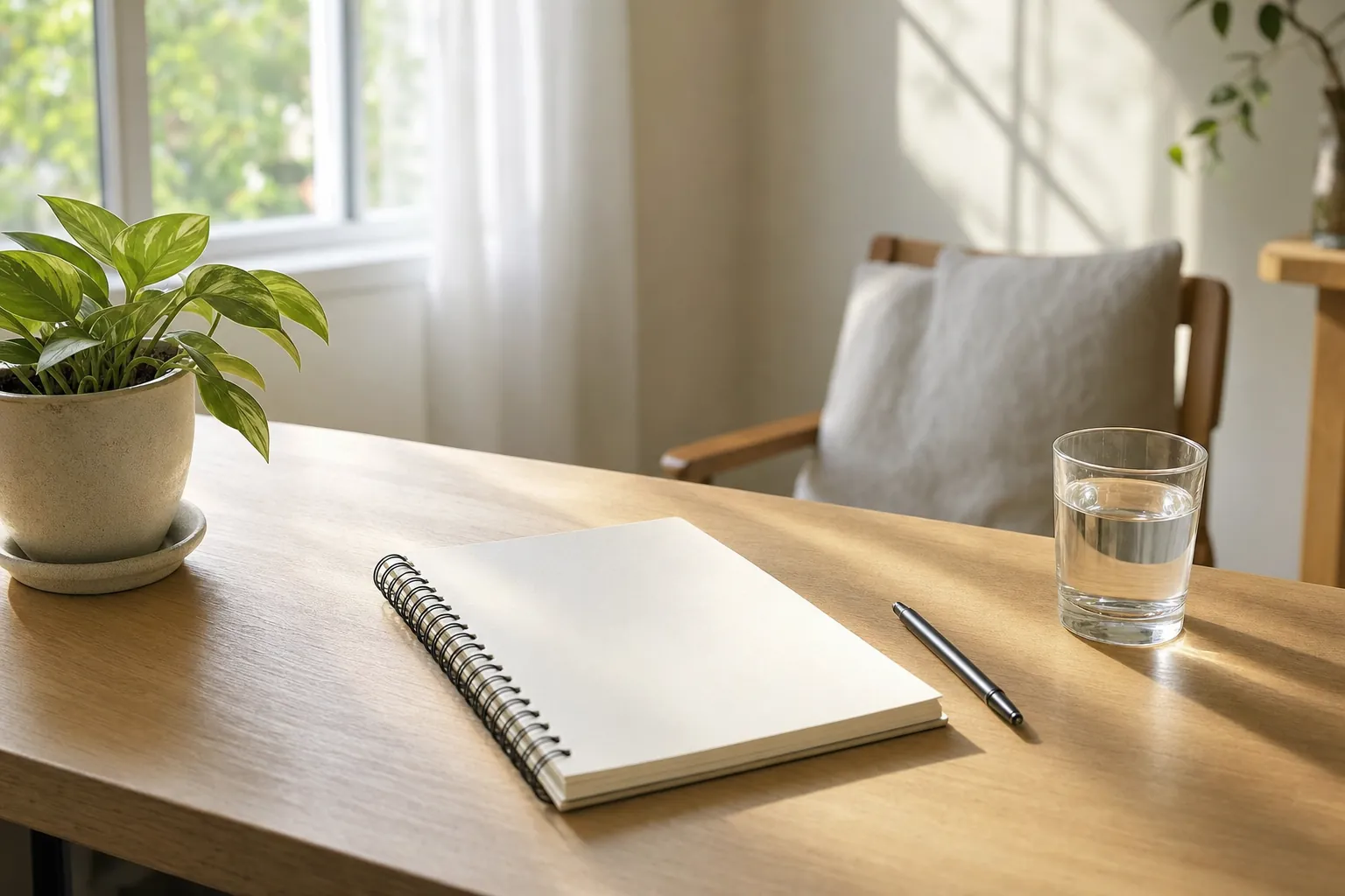 A notebook, pen, water glass, and small plant on a quiet desk