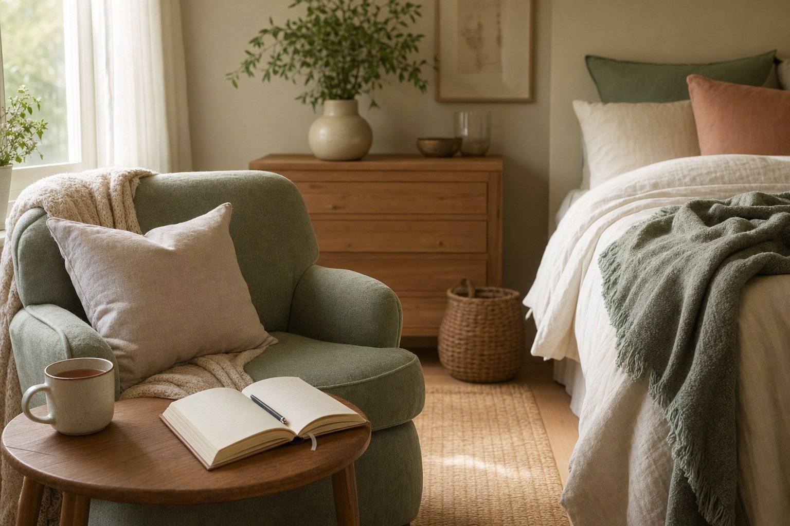A quiet bedroom corner with a journal, tea, and soft morning light