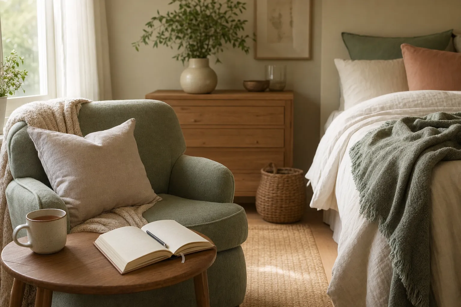 A quiet bedroom corner with a journal, tea, and soft morning light