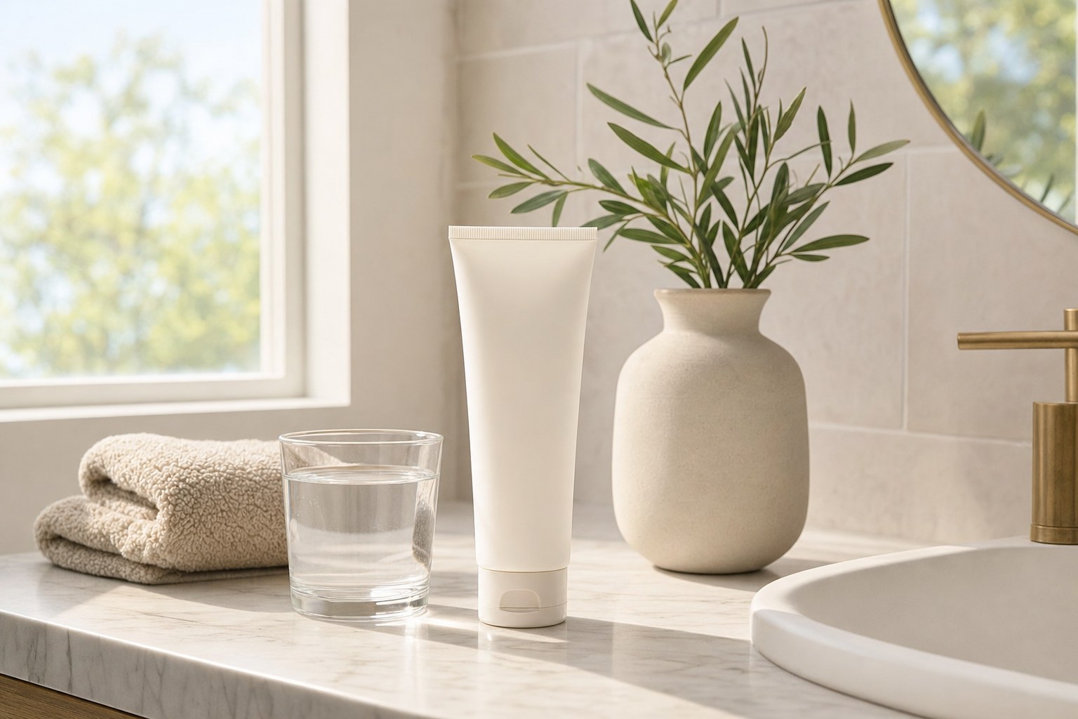 A calm bathroom vanity with a folded towel and moisturizer