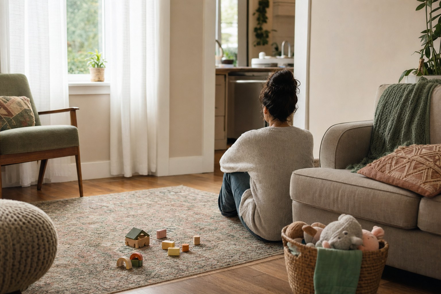 A parent resting quietly in a lived-in family room