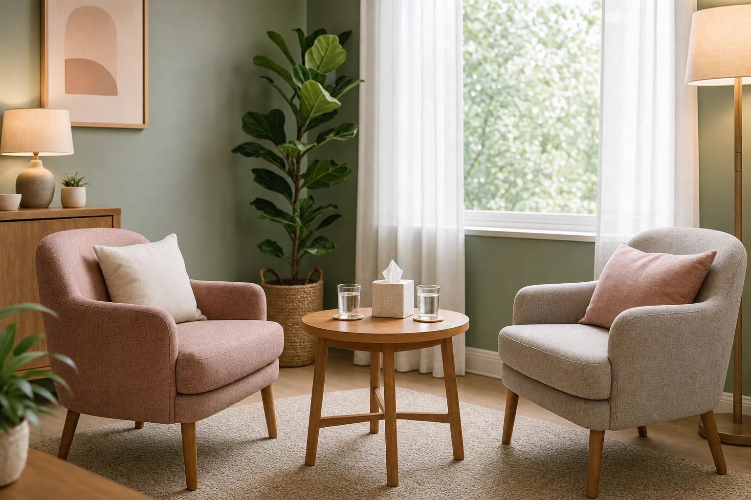 Two comfortable chairs facing each other in a calm consultation room