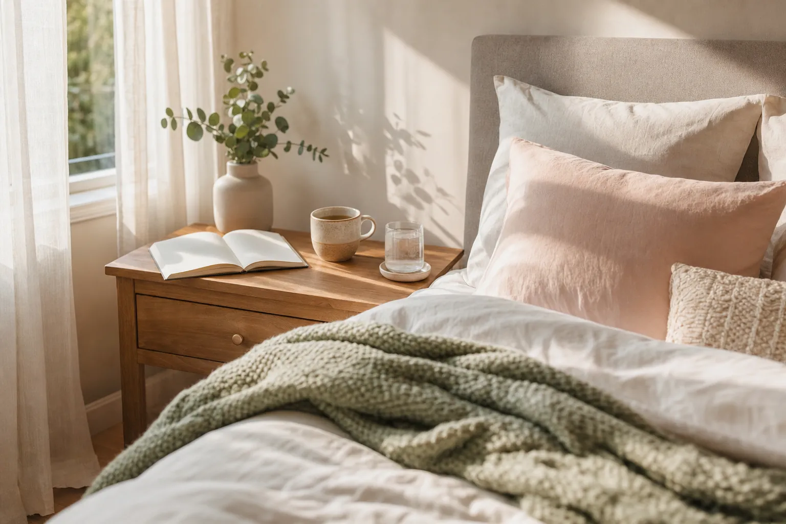 A calm bedroom with tea, a journal, and soft morning light