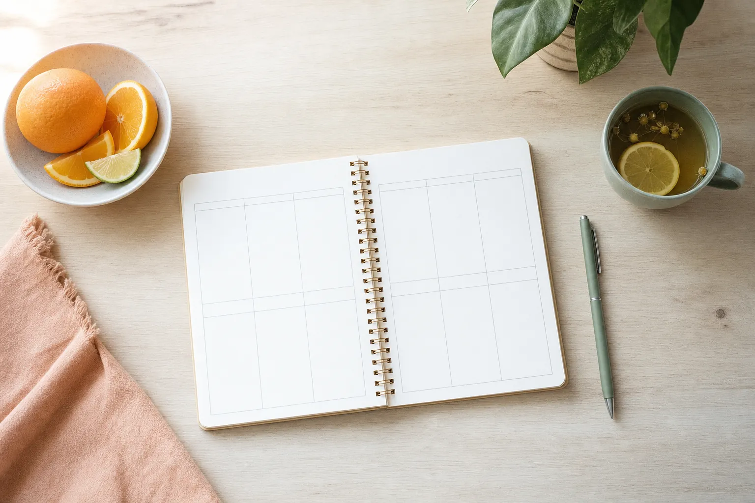 A blank weekly planner with tea, citrus, and a pen on a light wood table