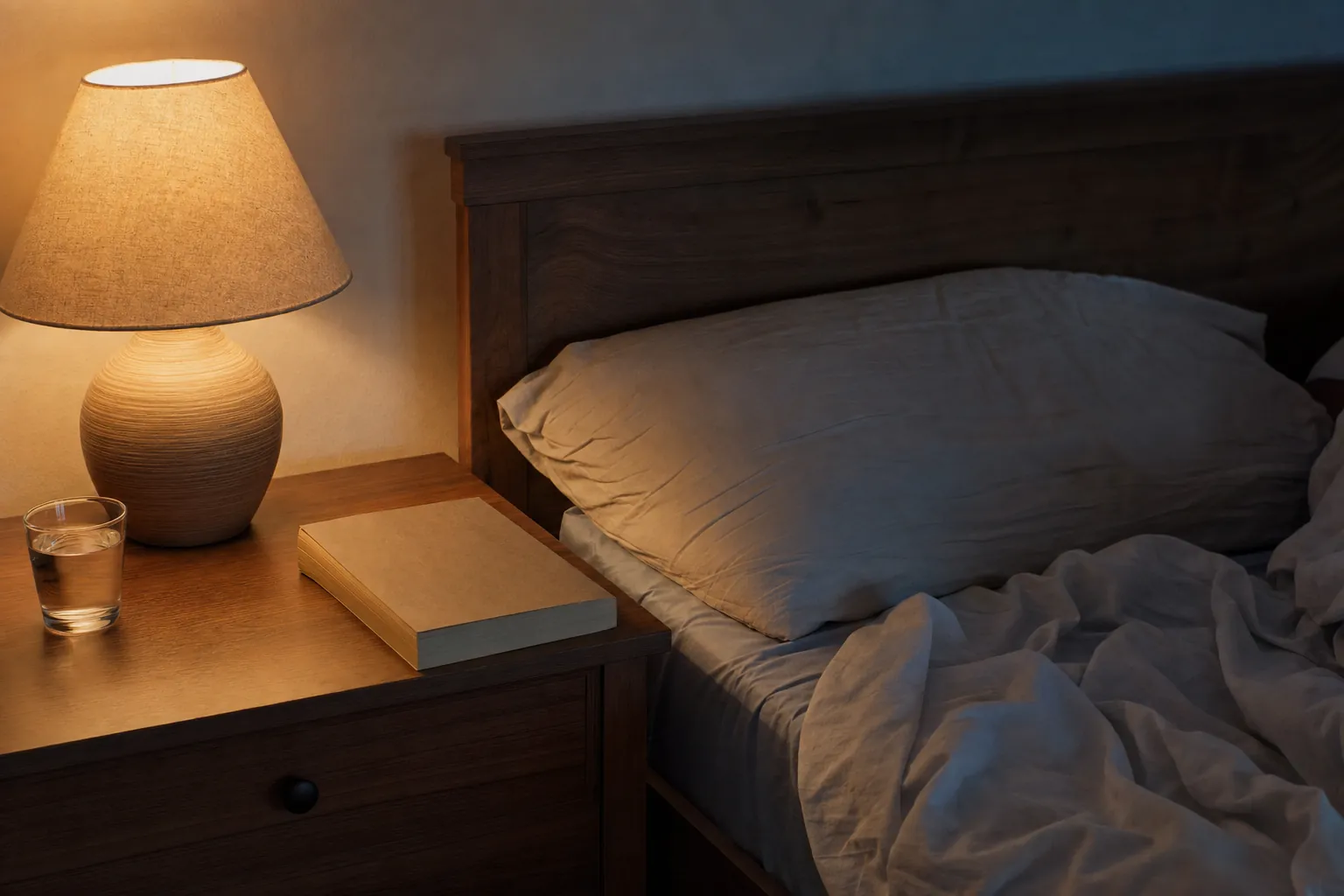 A softly lit bedside table beside an unmade bed at night