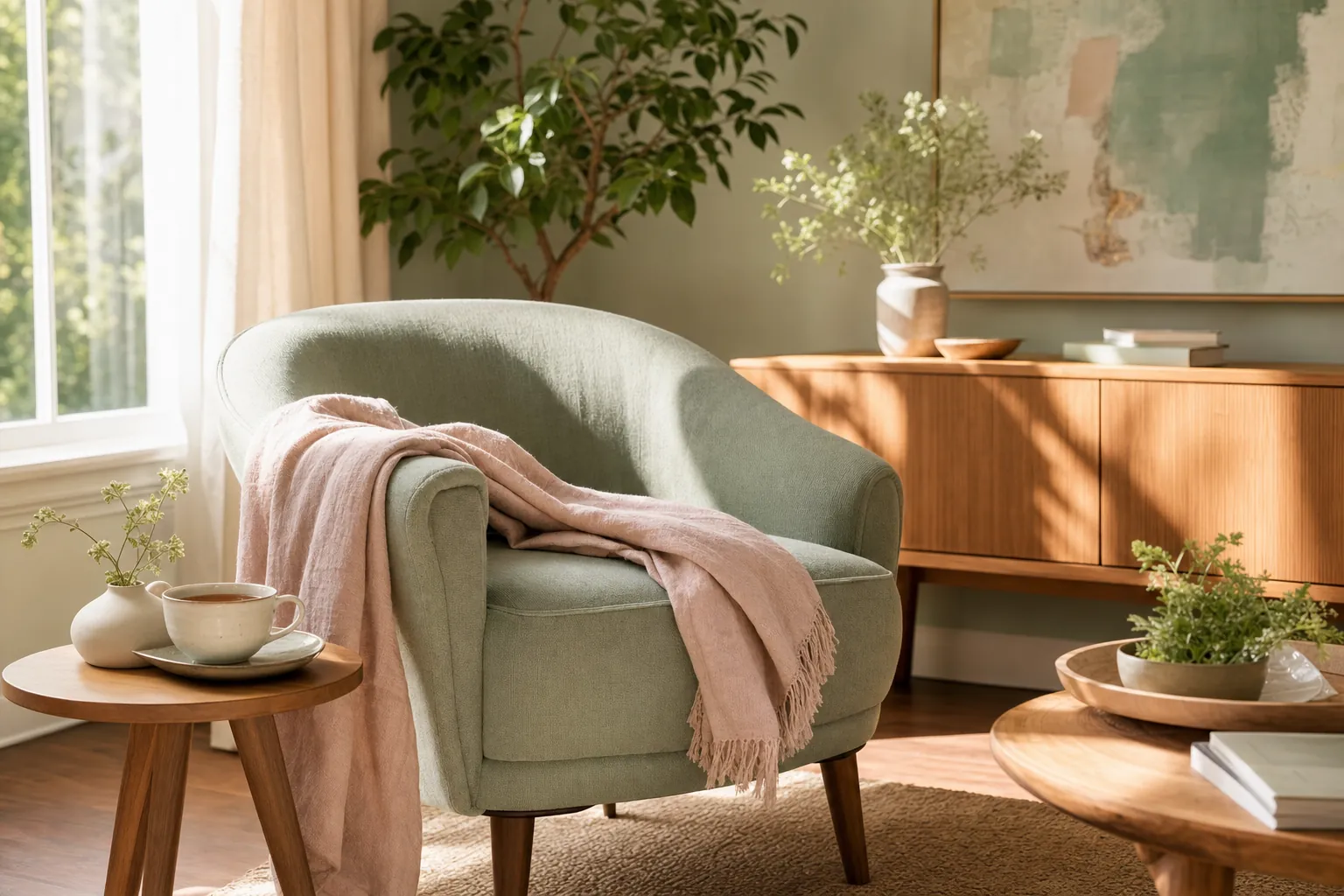 A calm sunlit sitting room with a sage chair and tea