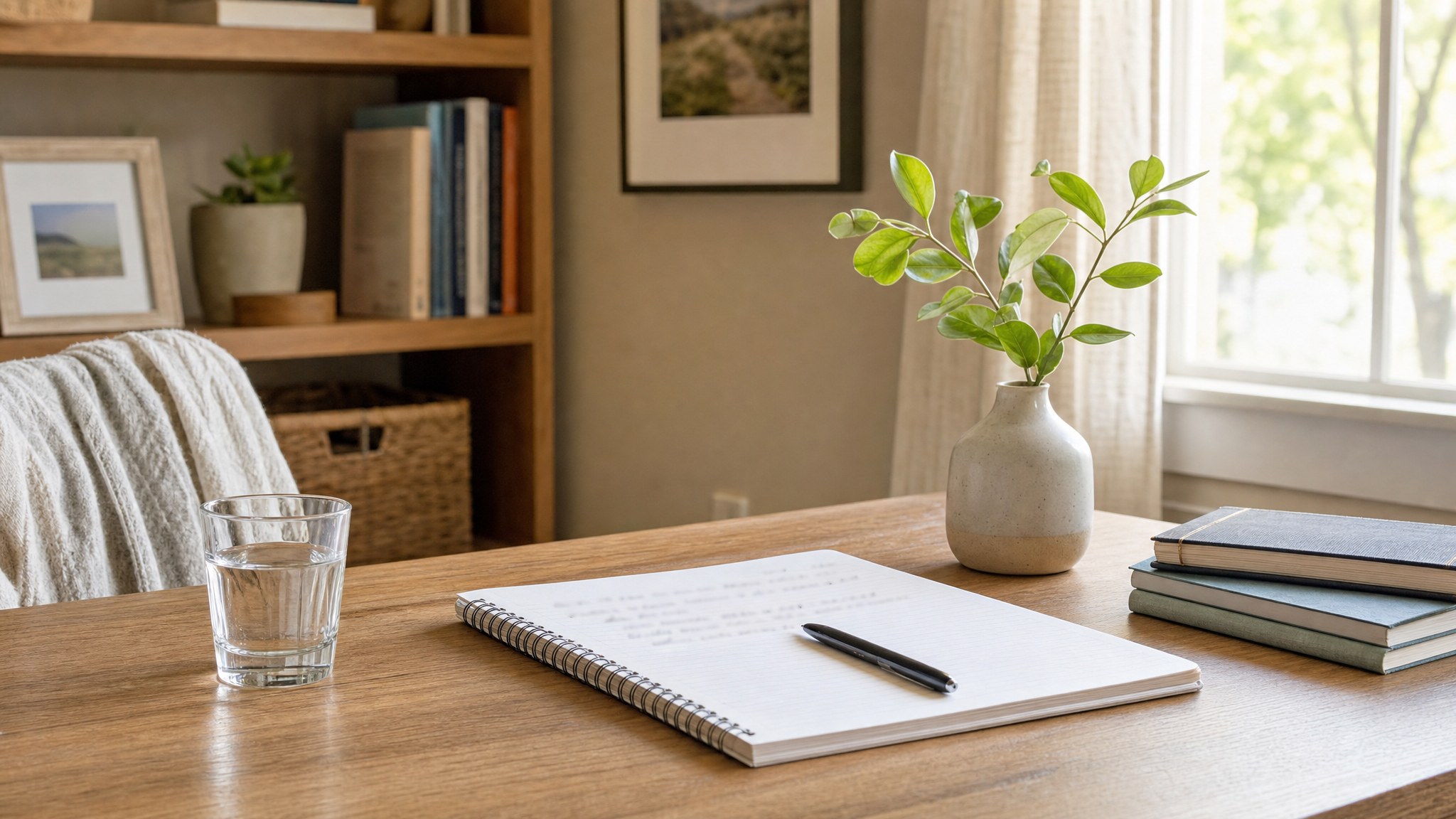 A quiet home desk with a notebook, water, books, and a vase of greenery in soft daylight