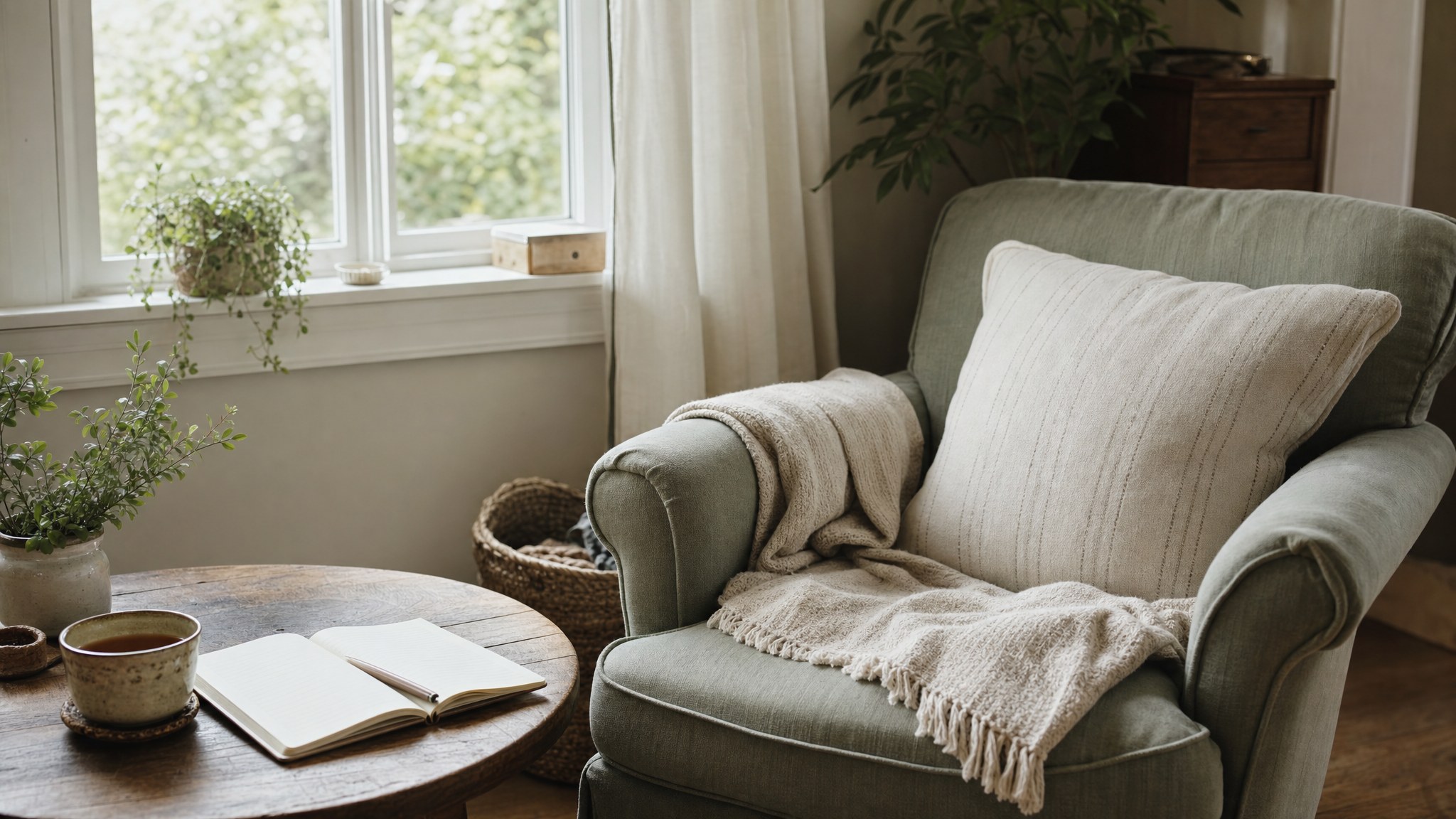 A calm armchair with a blanket, journal, and tea beside a sunlit window