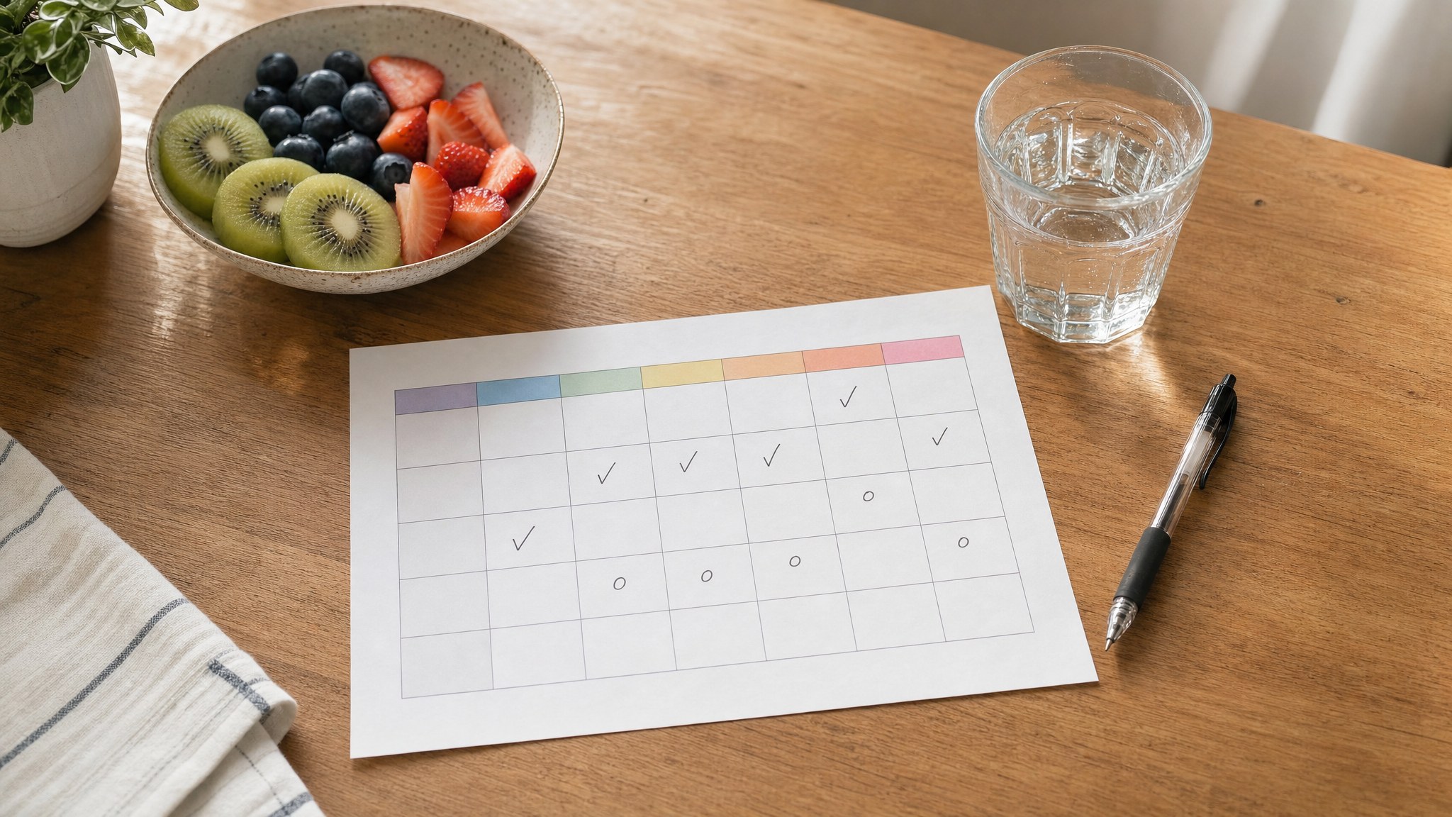 A simple weekly calendar with checkmarks, fruit, water, and a pen on a wooden table