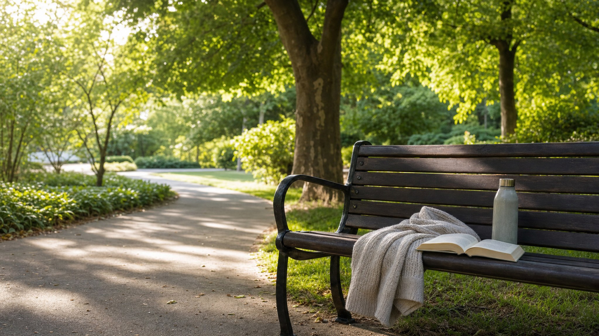 A quiet park bench with a sweater, open book, and water bottle beside a leafy path