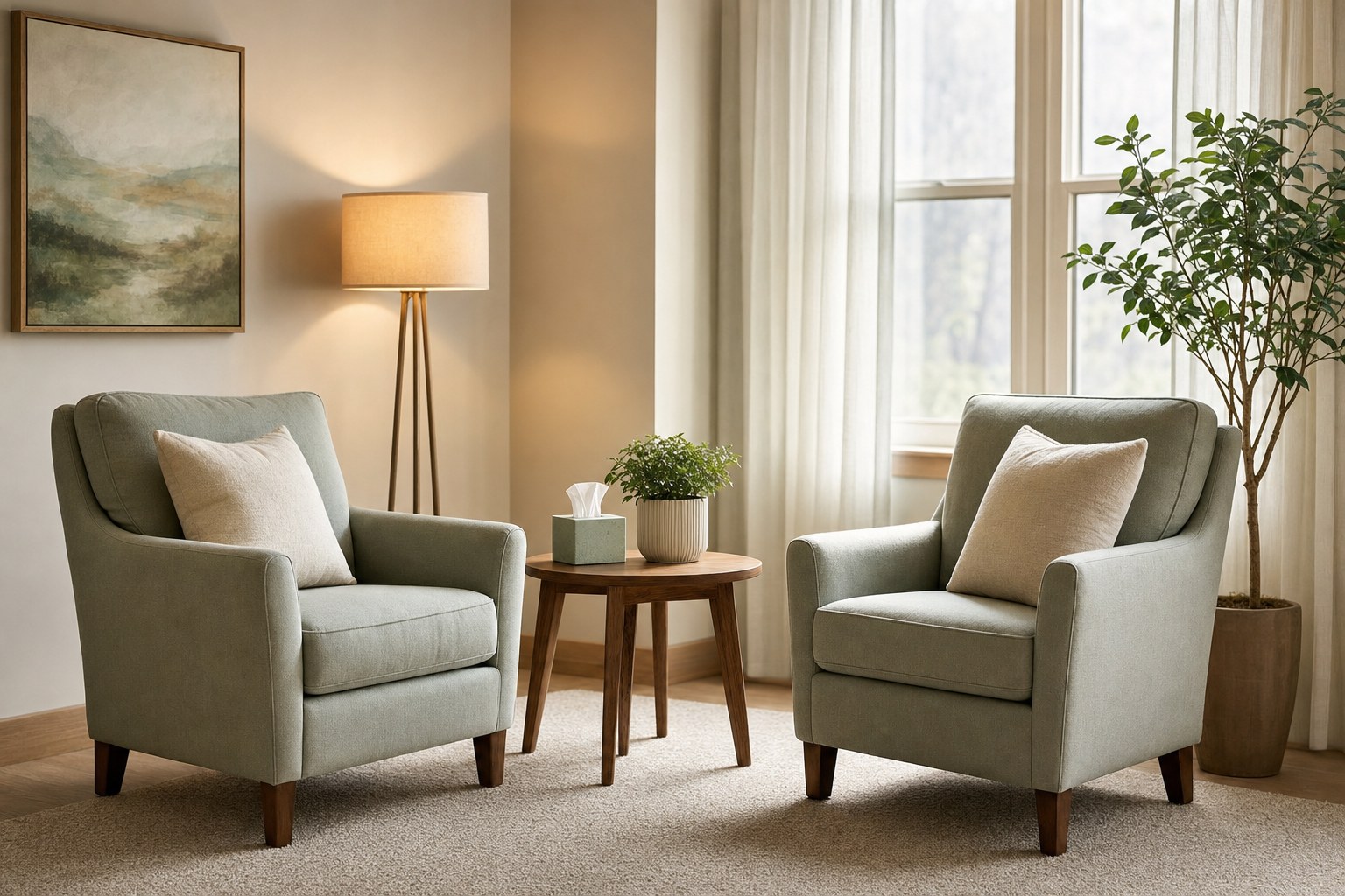 Two welcoming armchairs in a calm private consultation room